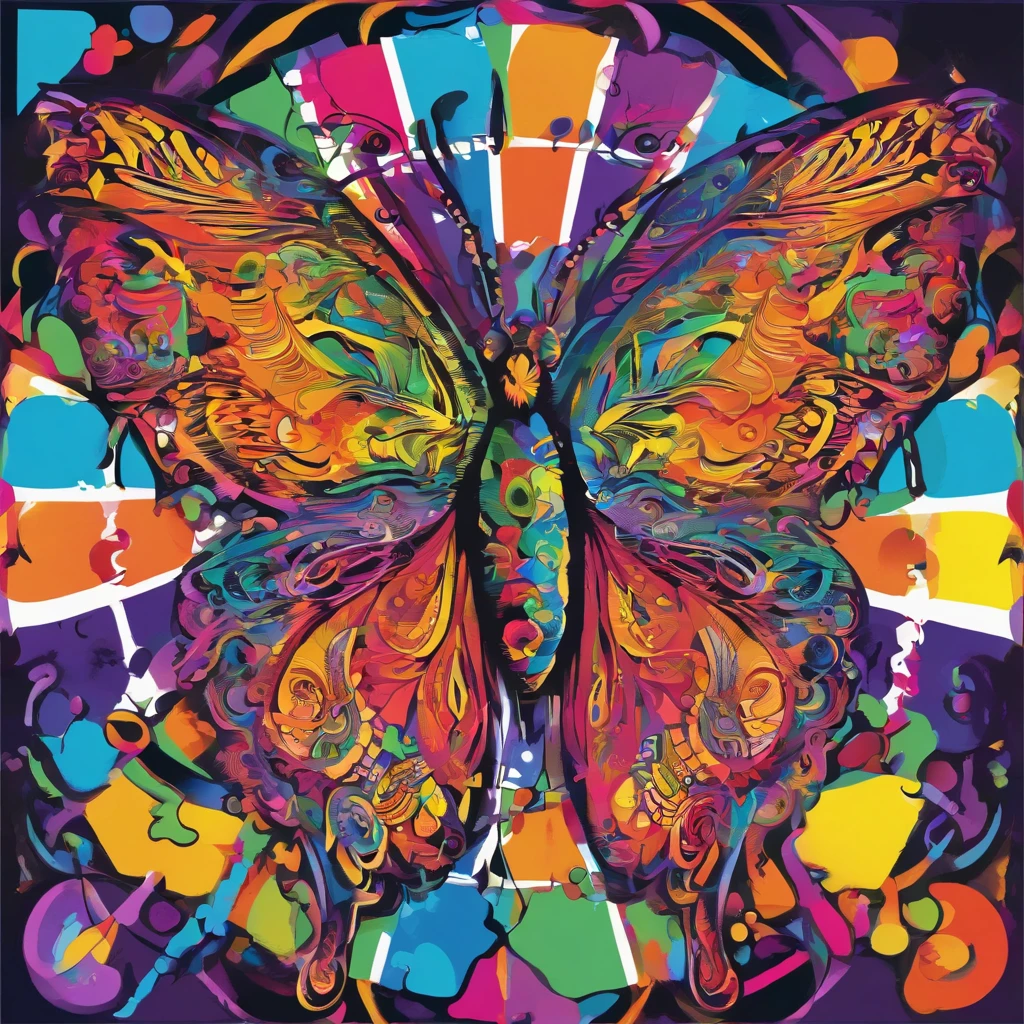 (best quality,highres,ultra-detailed),a butterfly, a kaleidoscope of butterflies, lots of glowing butterflies, butterfly at the middle,vibrant colors,abstract art,diverse textures,playful composition,bright lights,energy flow,harmonious design,transformational patterns,interconnected lines,surreal atmosphere,nature-inspired elements,symmetry,fluid motion,shimmering effects,mysterious depth,mesmerizing optical illusions,visual poetry