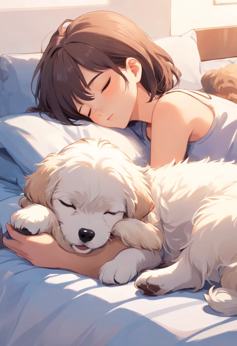 a sticker, young girl sleeping with tiny maltese puppy, teacup puppy size, outlines, vector, White outline, bed