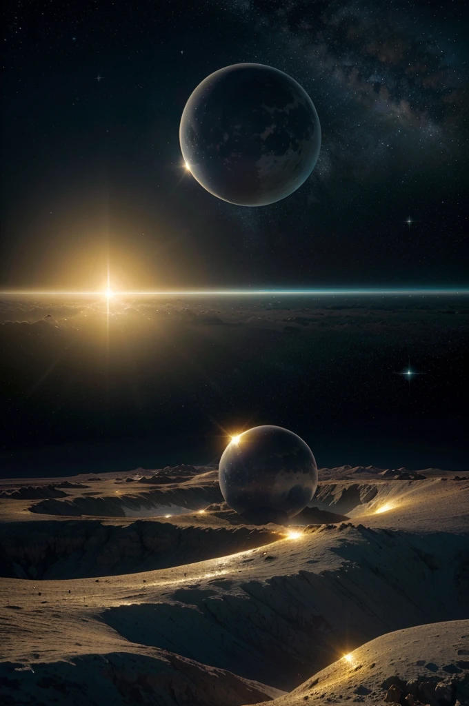 (best quality,4k,8k,highres,masterpiece:1.2),ultra-detailed,(realistic,photorealistic,photo-realistic:1.37),moon landscape,space,sun rise,dreamy,ethereal,nighttime,futuristic,extraterrestrial,peaceful,calm,serene,cosmic,wondrous,otherworldly,star-filled,glowing,soft light,surreal,tranquil,alien world,luminous,sparkling,interstellar,distant planets,celestial bodies,majestic,mysterious,shimmering,dream-like,expansive horizon,universe unfolding,weightless,natural wonders,enchanted,golden rays of light,glimmering stars