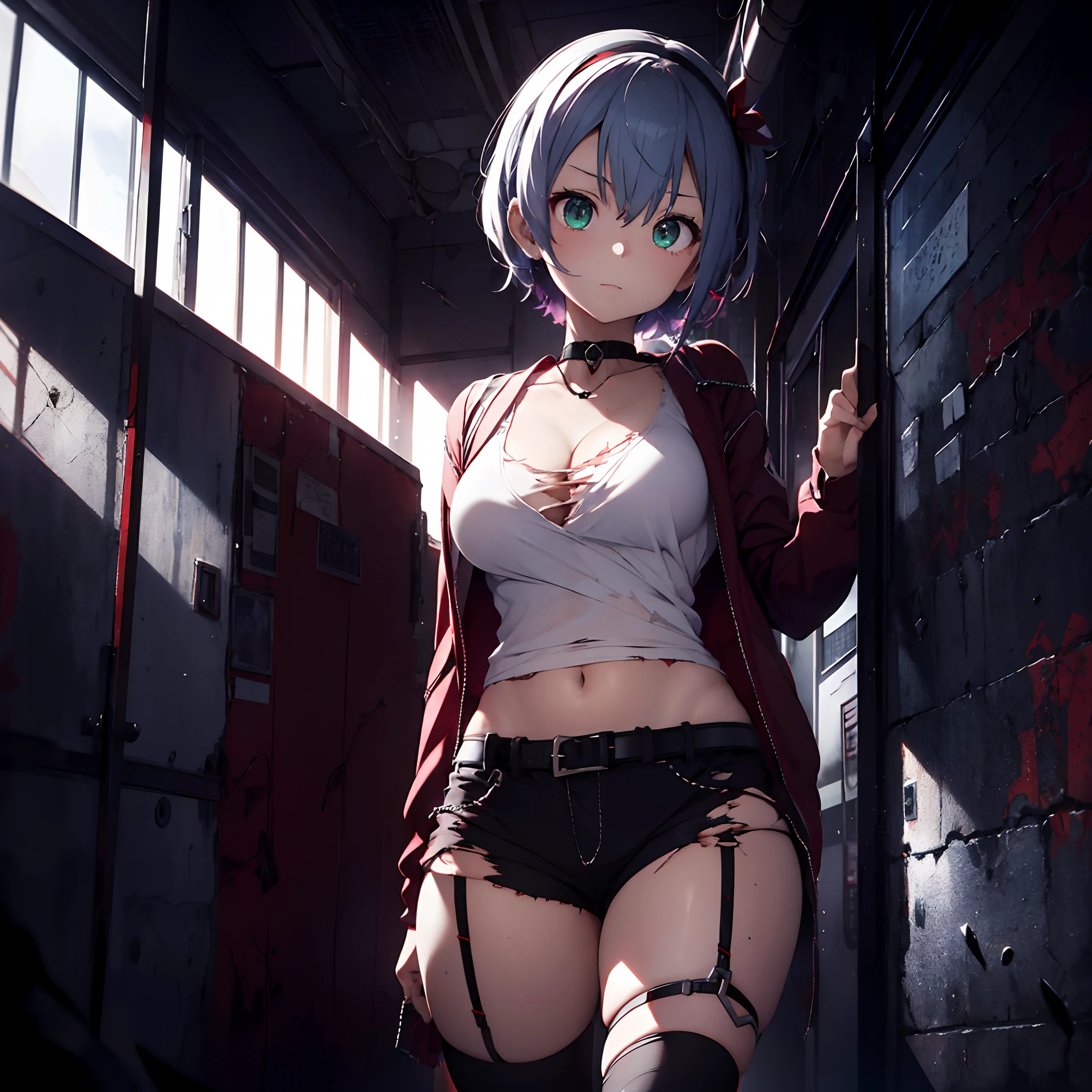 1 girl, solo, aberrant colours, Oozora_Subaru, beautiful girl, Hololive, alter_ego, large breasts, fit physique, mature woman, heterochromic eyes, red and green eyes, short let down hair, duck hair accessory, gorgeous silver hair, hair between eyes, short sleeves red blouse, tattered and torn shirt under red blouse, diamond-shaped boob_window, black choker, wrist_chains, red short trousers with belt, torn clothing, black high_socks, alien prison in background, laboratory, cold glare at viewer, cinematic lighting