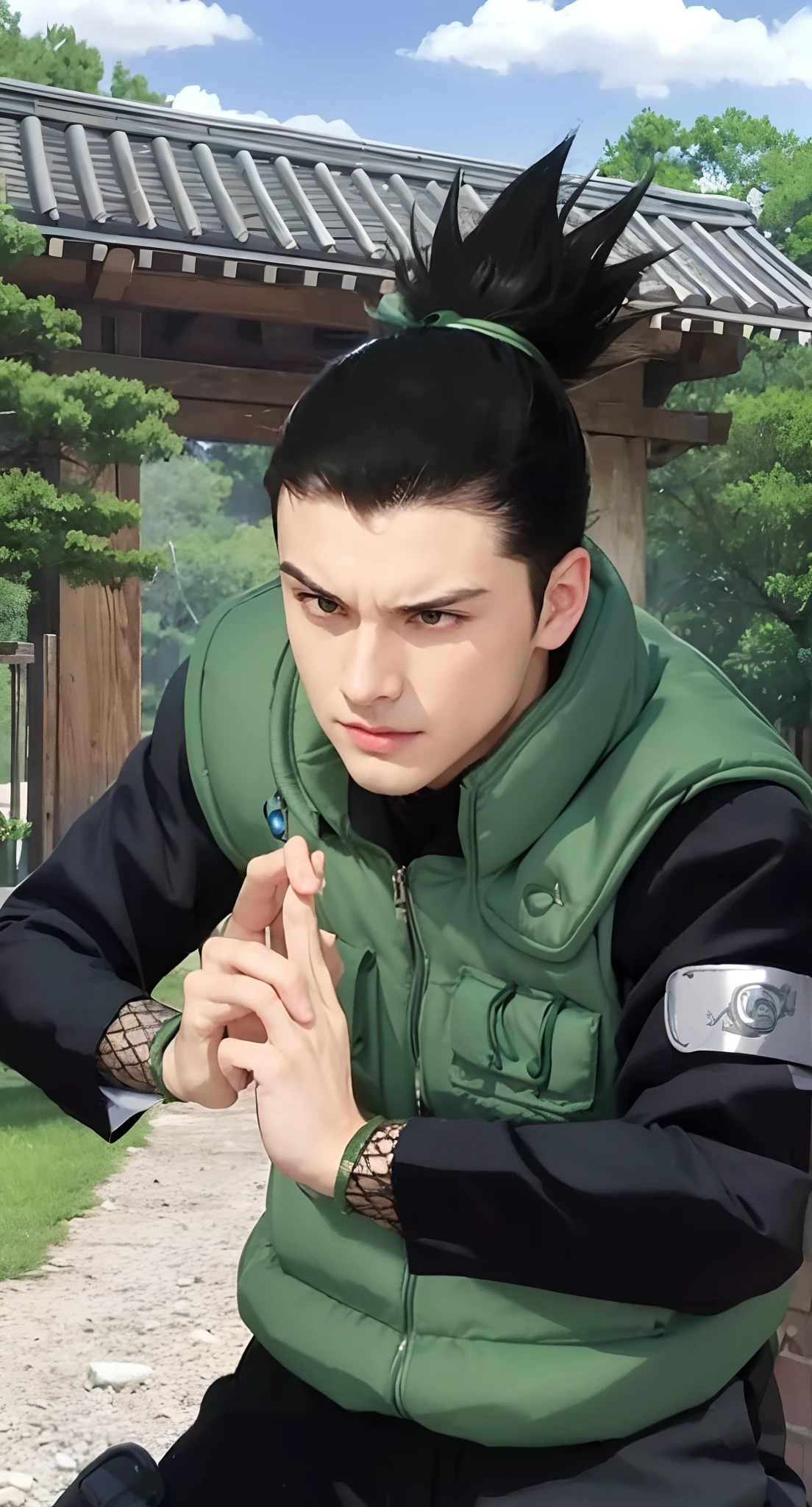 Real life adaption of this character ,teen handsome face,realistic same hair , (realistic same outfit wear thick vest green color with many pocket), realistic same background , realistic light, realistic shadow, realism, hyper realistic,(photorealistic:1.2), Looking to camera, there is plate iron on his shoulder