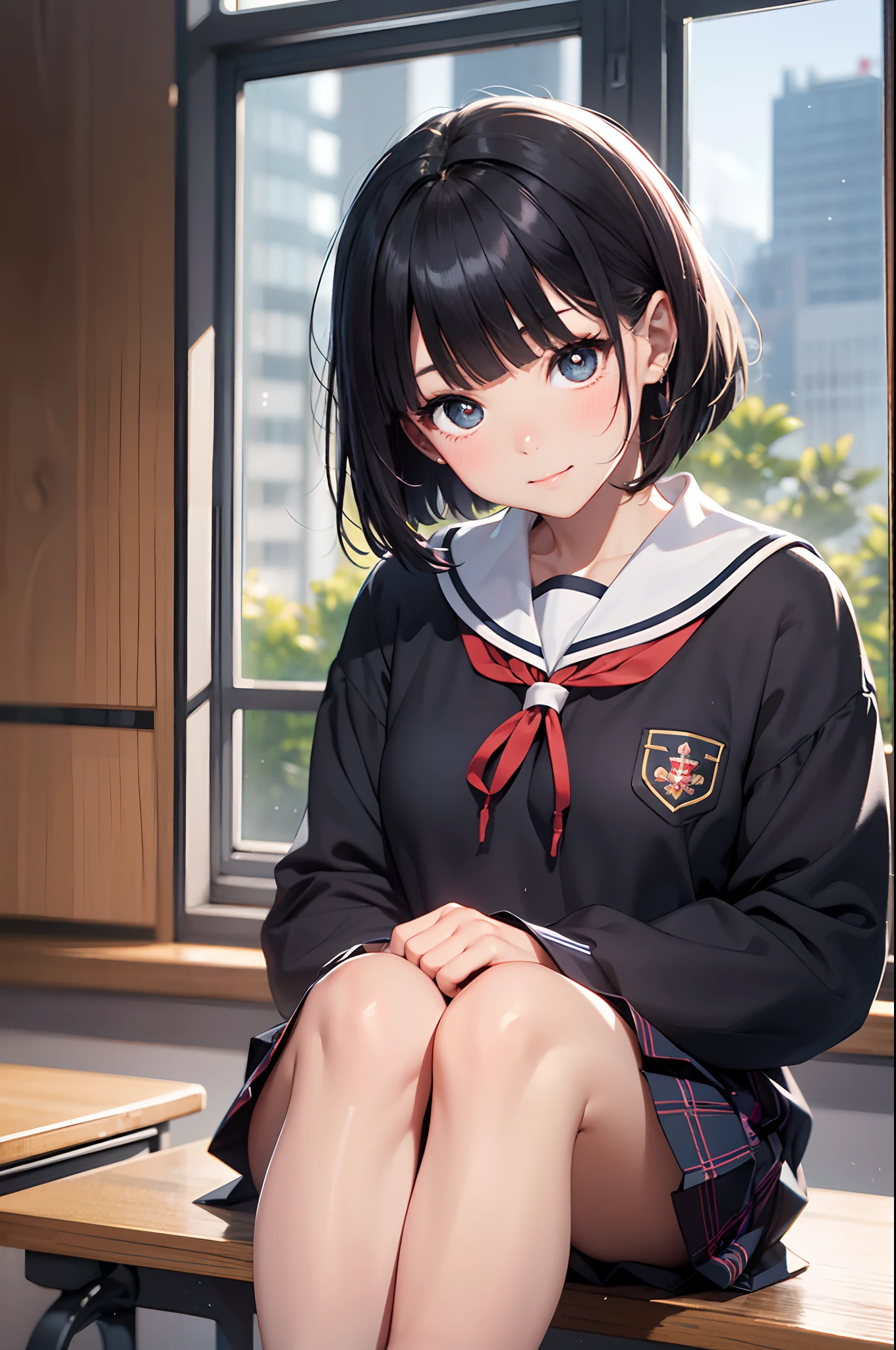 top-quality、in 8K、masterpiece、nffsw、超A high resolution、Raw photo、(Photorealsitic:1.3)、natural soft light、(depth of fields)、A slender、(Full body:1.2)、detailed faces and eyes、Realistic pupils、Sharp pupils、Inside the classroom、sitting on、Schools、Evening glow、beauitful face、-yeld beiful girl、Girl like a Japan doll、shinny skin、bob cuts、Beautiful black hair、Blunt bangs、Red Eye、(Gentle look、A slight smil)、(red blush:0.7)、a sailor suit、Pleated miniskirt、(thighs thighs thighs thighs:0.8)、(Looking out the window)