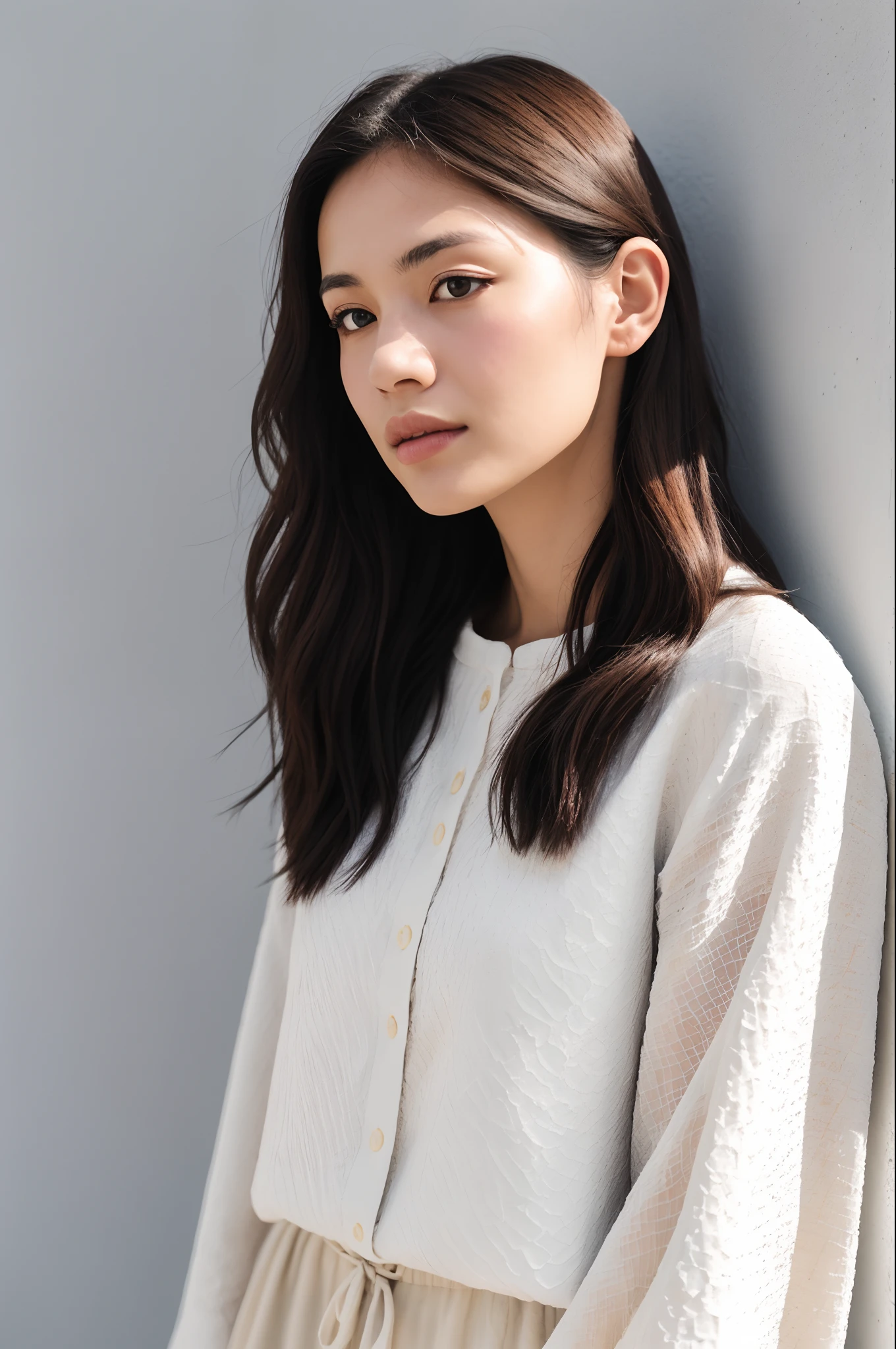 natural candid shot of one woman, sensitive skin, oily face, average woman, the woman is wearing modern clothing in white and neutral colors, high contrast, some shadows, puffy sleeves, interesting poses, natural, artistic image, minimalist image, brand image, light gray backround, light grey tones, plain pale gray wall backround, warm colors, natural pose, zoom up close, detailed texture, textured skin, photography, stock photo, bright lighting, Canon EOS R camera with a 50mm f/1.8 lens, f/2.2 aperture, shutter speed 1/200s, ISO 100 and natural light, Photography, Hyperdetail, Ultrahd, Color Correction