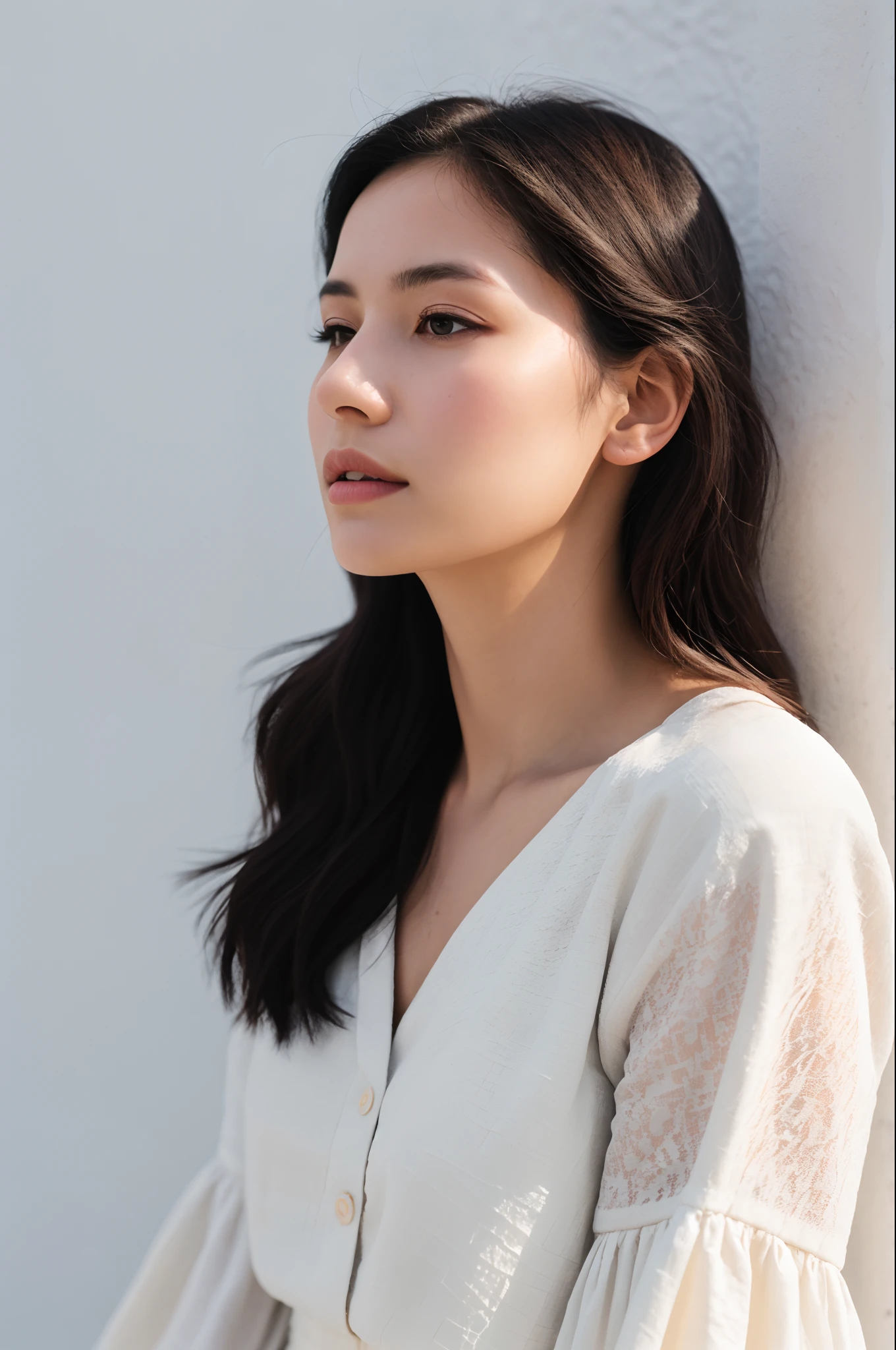 natural candid shot of one woman, sensitive skin, oily face, average woman, the woman is wearing modern clothing in white and neutral colors, high contrast, some shadows, puffy sleeves, interesting poses, natural, artistic image, minimalist image, brand image, light gray backround, light grey tones, plain pale gray wall backround, warm colors, natural pose, zoom up close, detailed texture, textured skin, photography, stock photo, bright lighting, Canon EOS R camera with a 50mm f/1.8 lens, f/2.2 aperture, shutter speed 1/200s, ISO 100 and natural light, Photography, Hyperdetail, Ultrahd, Color Correction
