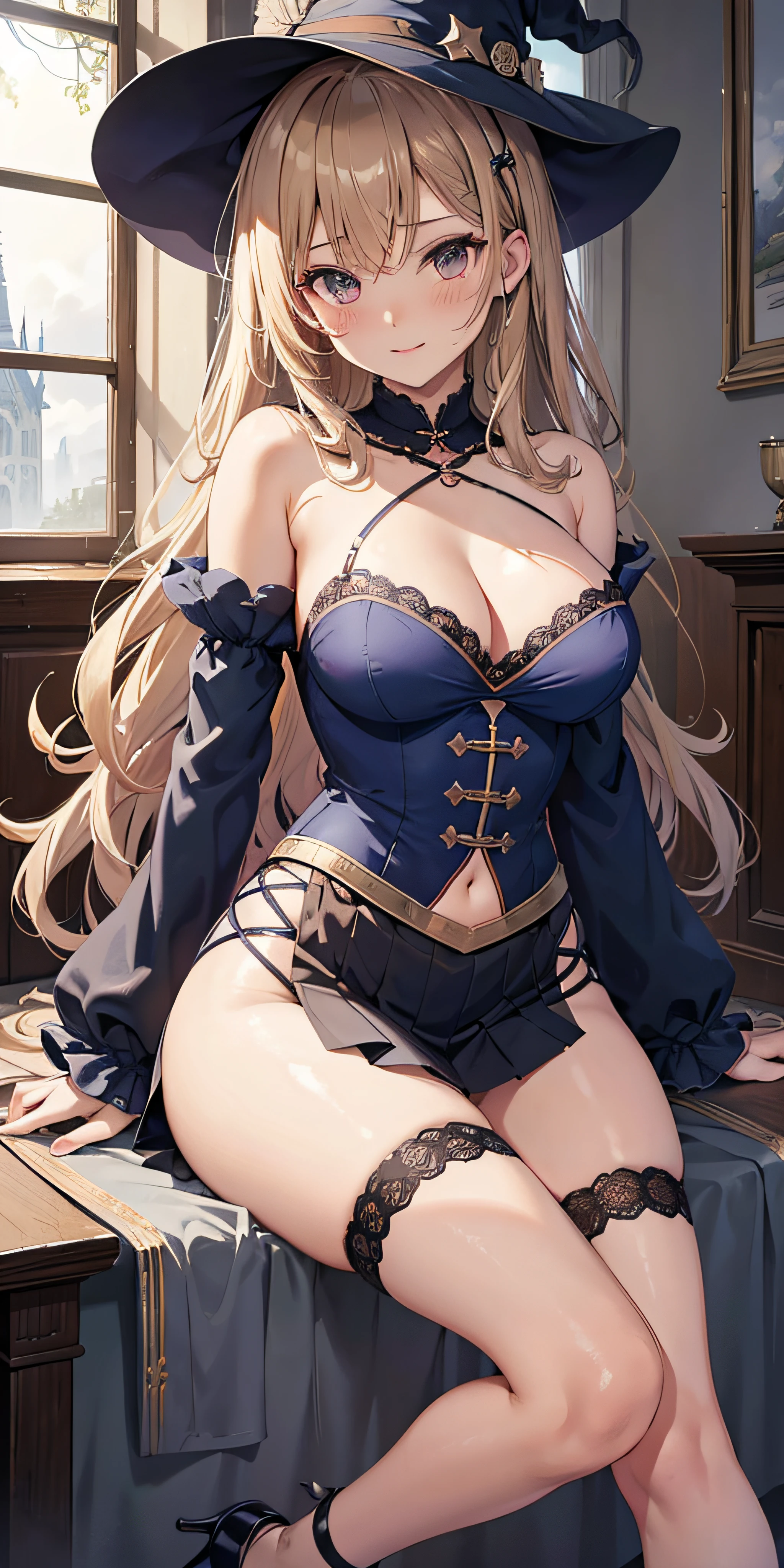 masutepiece, Best Quality,  the Extremely Detailed CG Unity 8K Wallpapers,  Sexy Witch Cosplay, Long dark blonde wavy hair、off-shoulder knit, darkblue pleated skirt, Medium milk,  Blushing, Shy laughter, Bare shoulders、Buttocks emphasis pose、sexy buttocks、Sexy lace underwear、Black High Heels、Luxurious magic wand and book、Church of the castle、sexy  pose