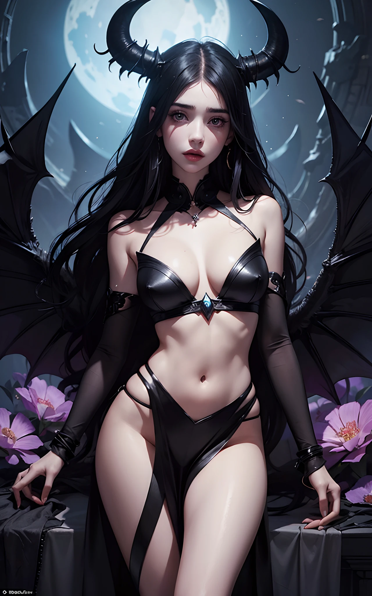 Succubus with the face of Emily Rudd: Dua Lipa, sensual pose, (symmetrical) concept art, dark fantasy background, abstract beauty, hyperdetailed, in the style of Brom