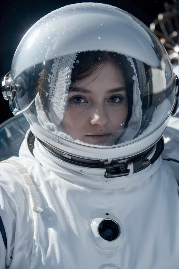 (best quality,4k,8k,highres,masterpiece:1.2),ultra-detailed,(realistic,photorealistic,photo-realistic:1.37),snowing in space,spacewalk,huge snowflakes floating,icy white landscapes,frozen stars,glowing nebulae,sparkling ice crystals,shimmering astronaut spacesuit,silent and serene atmosphere,ethereal beauty of the cosmos,celestial snowfall,glistening astronaut helmet,peaceful and otherworldly scene,deep dark space contrasted with pure white snow,breathtaking and surreal view,sublime and otherworldly experience,icy moons and planets,moonlit snowflakes dancing in zero gravity,cosmic winter wonderland,subtle ambient lighting.