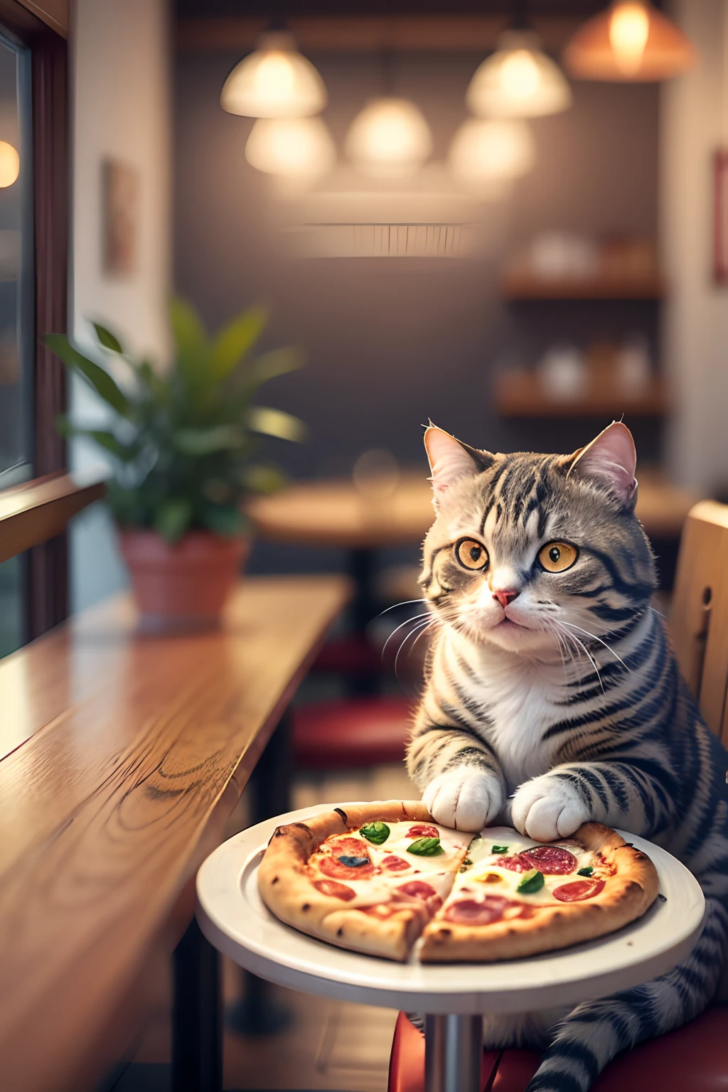 A Scottish Fold cat enjoying a slice of pizza in a sunny restaurant, with a cozy atmosphere, delicious aroma, and vibrant colors. (best quality,4k,8k,highres,masterpiece:1.2),ultra-detailed,(realistic,photorealistic,photo-realistic:1.37), HDR, UHD, studio lighting, extreme detail description, professional, vivid colors, bokeh, portraits, food, cute, playful, cozy, sunlight, pizza, Scottish Fold cat, restaurant.