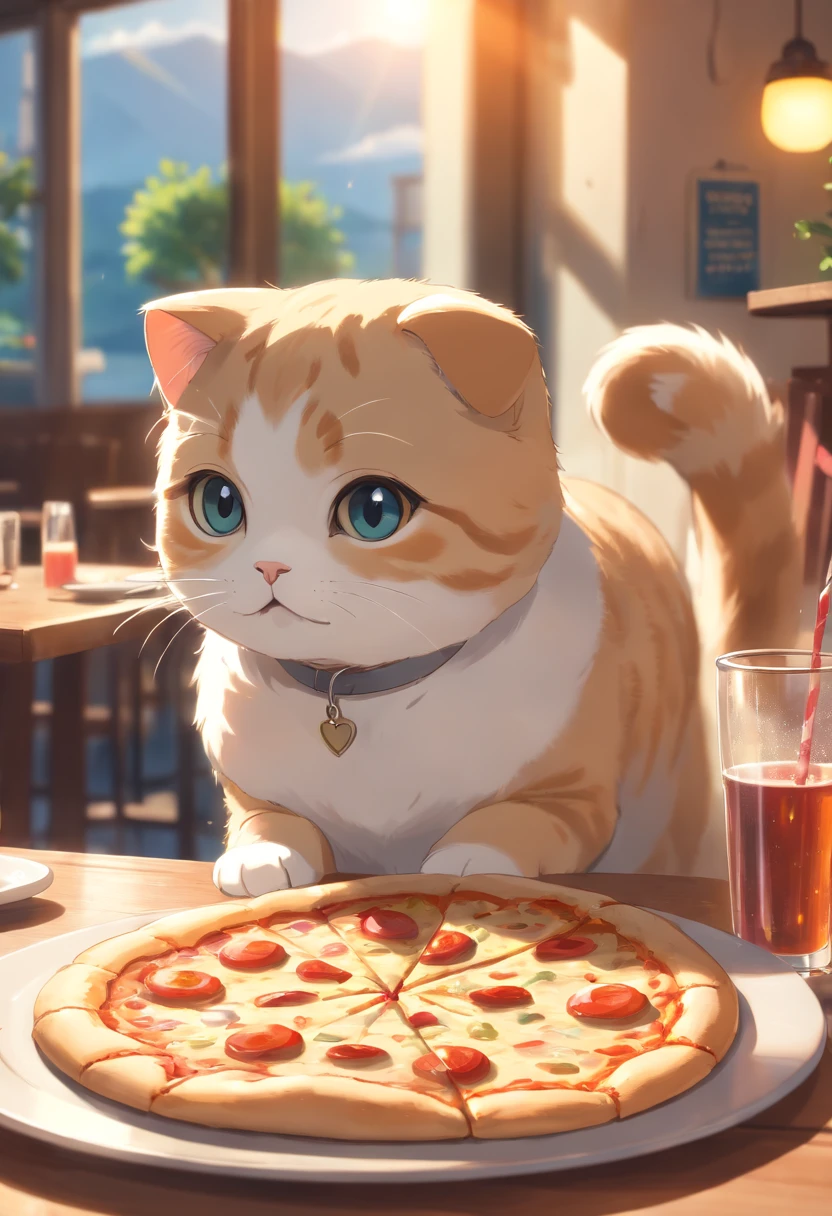 A Scottish Fold cat enjoying a slice of pizza in a sunny restaurant, with a cozy atmosphere, delicious aroma, and vibrant colors. (best quality,4k,8k,highres,masterpiece:1.2),ultra-detailed,(realistic,photorealistic,photo-realistic:1.37), HDR, UHD, studio lighting, extreme detail description, professional, vivid colors, bokeh, portraits, food, cute, playful, cozy, sunlight, pizza, Scottish Fold cat, restaurant.