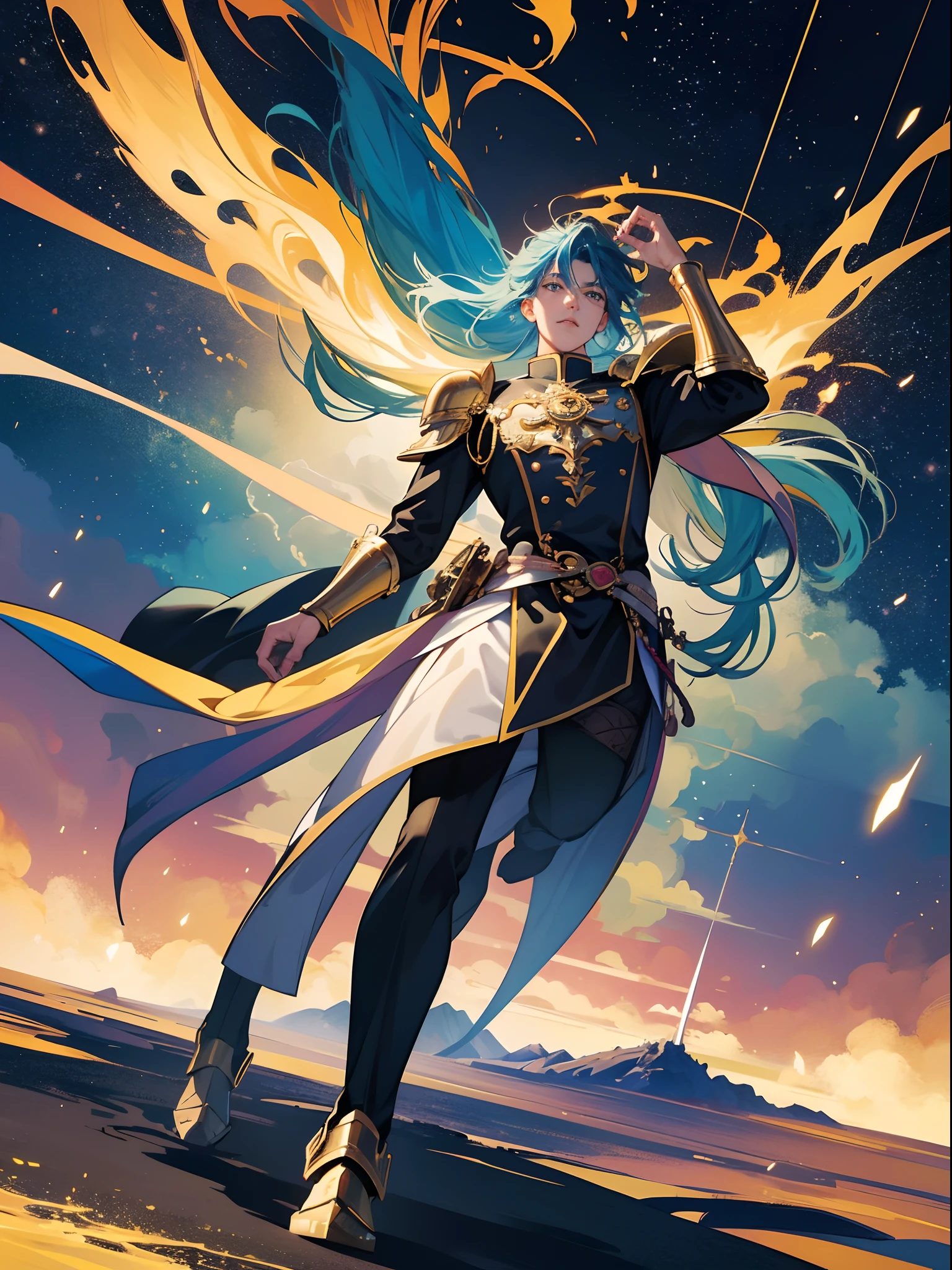 Ultra-high saturation,(tmasterpiece), fully body photo,(best qualtiy), (1girll), starryskybackground,Wearing shiny gold armor, Sexy lingerie type armor,Expose your chest,Expose the waistline,Exposing thighs,cool-pose, Saint Seiya Armor, messy hair,high detal, Anime style, Cinematic lighting, Sparkle, god light, Ray traching, filmgrain, hyper HD, textureskin, super detailing, Anatomical correct, A high resolution,Ultra-high saturation,hight contrast,High-gloss armor,Smooth skin,Serious expressions,Dark room,cinematic compositions, Depth of field, Bokeh, standing, Full body - imagination,Represents the exhilarating aura he exudes,to motivate his allies. The backdrop showcases the awe-inspiring landscape of Mahutori, Floating islands and airships adorn the sky, Prove his adventures at sea. With a steely gaze and a sense of purpose, Rezepi is a beacon of hope and leadership, Get ready to set sail,Inspire all who dare to dream with him,In the wonderful world of Chisogi.