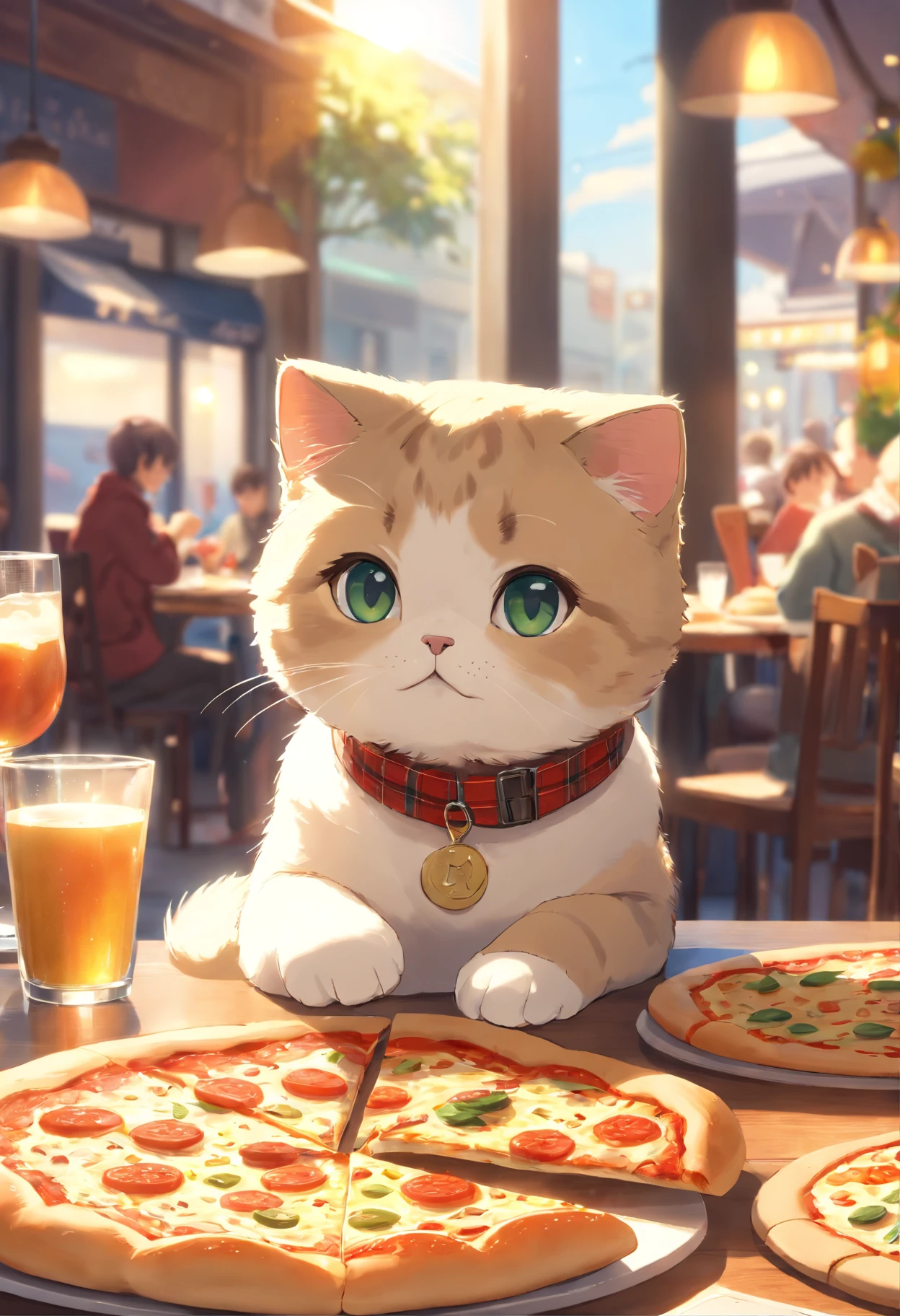 A Scottish Fold cat enjoying a slice of pizza in a sunny restaurant, with a cozy atmosphere, delicious aroma, and vibrant colors. (best quality,4k,8k,highres,masterpiece:1.2),ultra-detailed,(realistic,photorealistic,photo-realistic:1.37), HDR, UHD, studio lighting, extreme detail description, professional, vivid colors, bokeh, portraits, food, cute, playful, cozy, sunlight, pizza, Scottish Fold cat, restaurant.