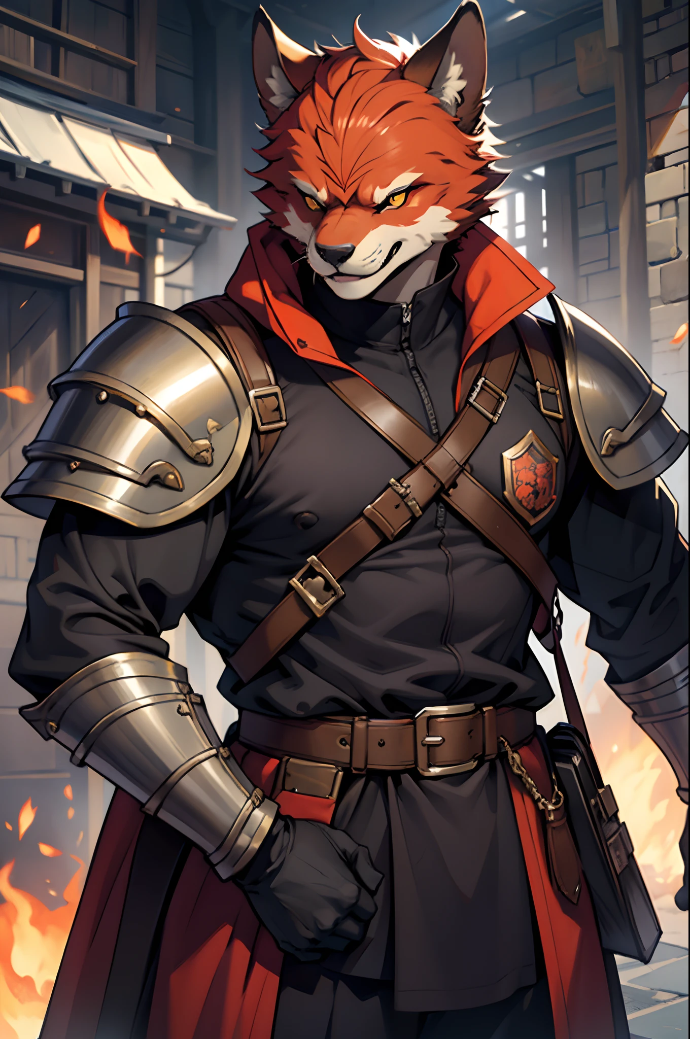 Protection Best Quality, tmasterpiece, extra high resolution, Detailed background, realisti, 独奏, ember, humanoid, heavy armor, The Face of the Beast, Furry, Security Guard Outfit, Guardian's Attire, Guard, Medieval Guard, Medieval Guard Clothing , spearman, Chaotic Neutral, , Horror \(subject\),Dark Fantasy, Nice guy , scoundrel, Depth of field,