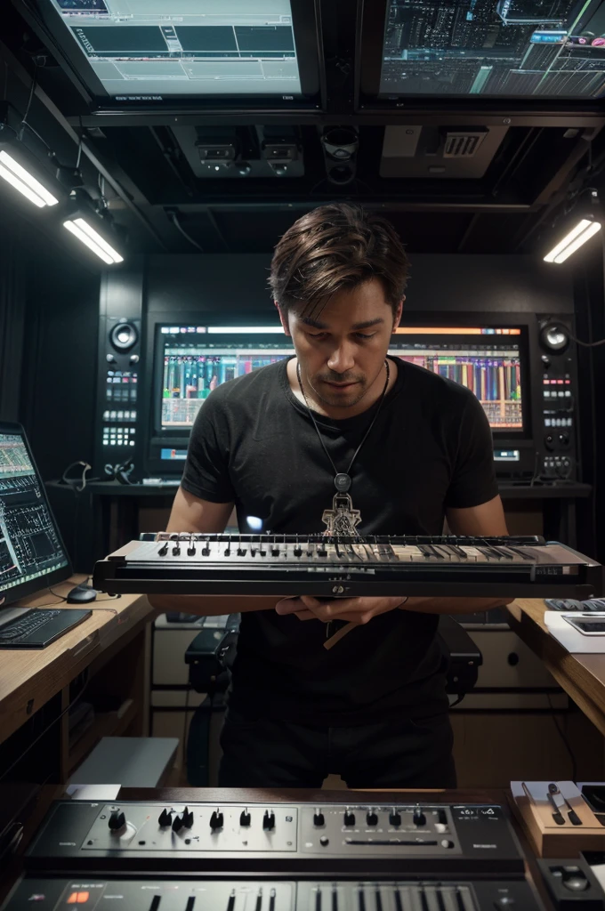 (best quality,4k,8k,highres,masterpiece:1.2),ultra-detailed,(realistic,photorealistic,photo-realistic:1.37), 1man, composing, big studio, digital HUD, consoles, creative environment, musical instruments, professional setup, inspiring atmosphere, vibrant colors, dynamic lighting, lively background, futuristic technology, intricate details, music notes floating in the air, innovative composition tools, seamless integration of analog and digital, artistic expression.
Be aware of:Please answer in English。