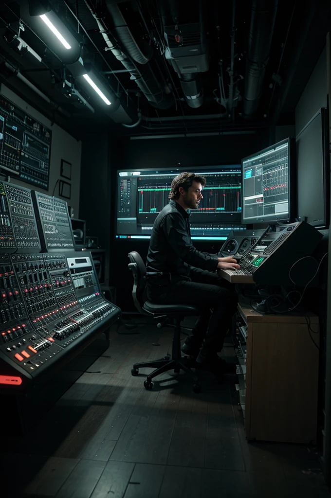 music composing man in big studio full of digital HUD and consoles