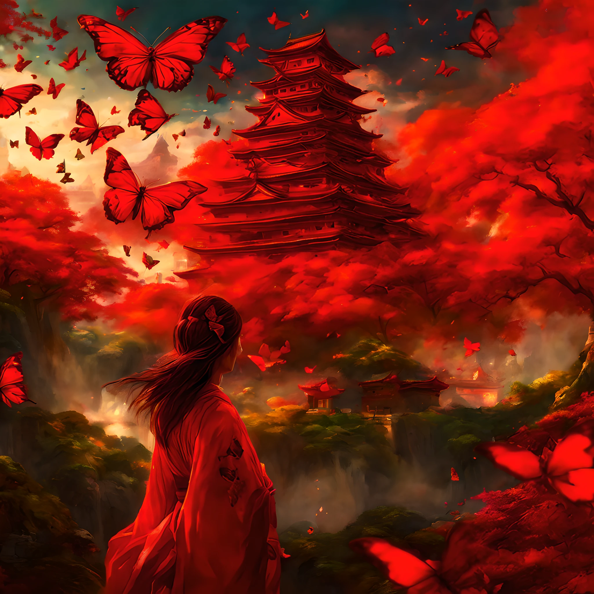 (digital pixel art:1.5),(red theme:1.5), (fantasy:1.5), (beautiful scenery:1.5),(landscapes:1.5),(colorful butterfly:1.5),(japanese castle inside:1.5),(burning field:1.5),(fantasy world:1.5),(Spiritual world:1.5),(scenic:1.5),(lots of flying red butterflies:1.5),(red theme:1.5), (fantastic illustration:1.5),(dynamic:1.3), (absurderes:1.5),(ultra_detailed:1.5),(delicate:1.5),(Detail on facial expressions:1.5),(best quality:1.5),(masterpiece:1.5),