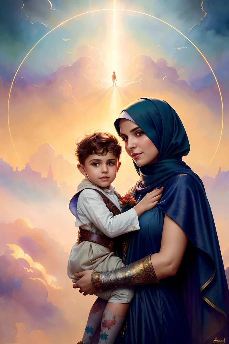 (8k, best quality, masterpiece:1.2),(best quality:1.0), (ultra highres:1.0), watercolour,  persian woman in hijab and with  boy in her arms, smiling, heavenly sky, half body, ((divine light)), ethereal, clouds, back lighting, realistic portrait, symmetrical, strong, intricate drawing, highly detailed, digital painting, art station, concept art, fluid, sharp focus, illustration, against heaven's gate, cinematic lighting, works by artgerm and greg rutkowski and alphonse mucha, extremely luminous bright design, pastel colours, (ink:1.3), autumn lights