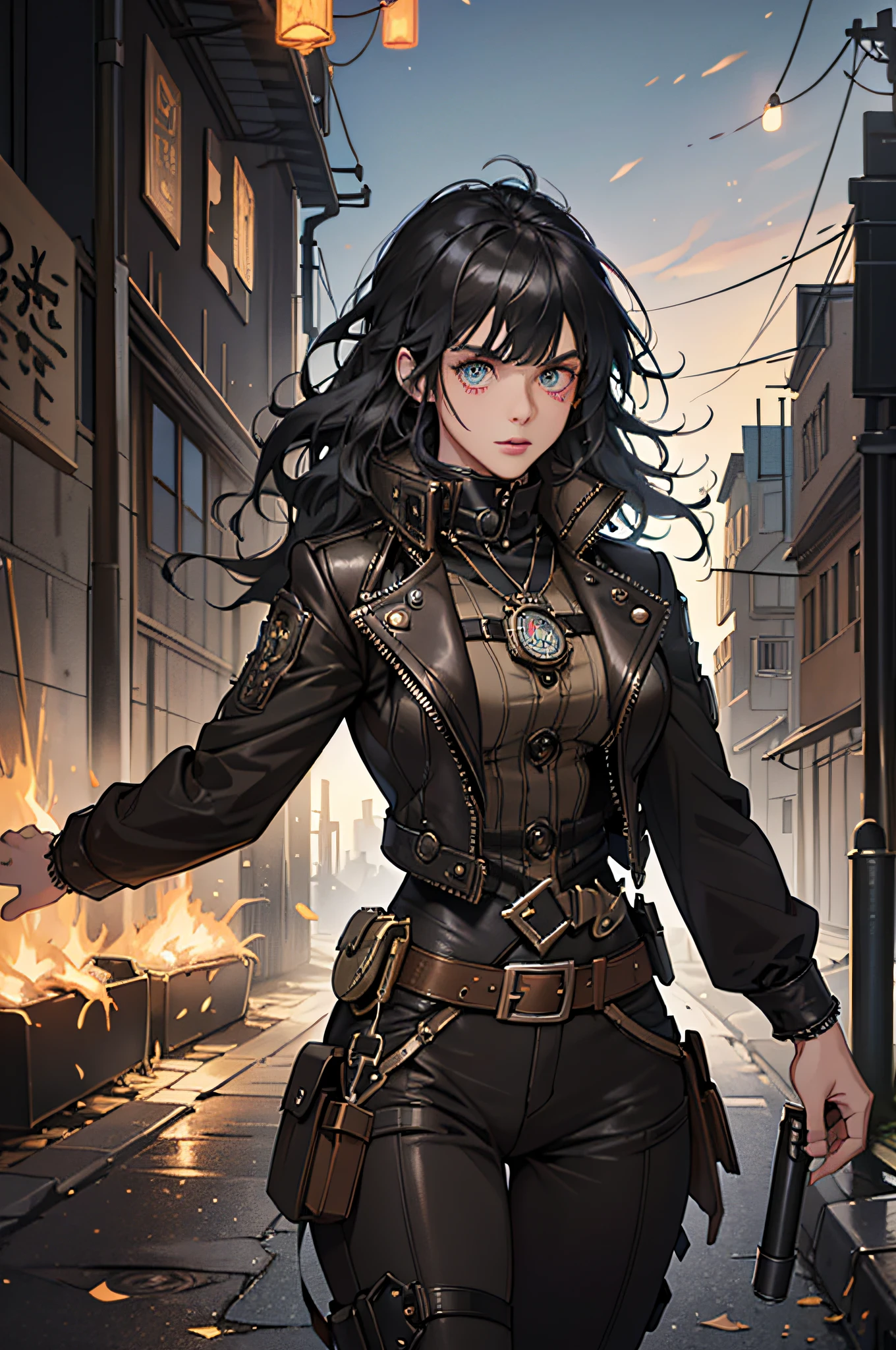 (absurdres, highres, ultra detailed), 1woman, mature female, aged up, wavy long hair, split-color hair, heterochromia, bangs, long sleeves, finely detailed eyes and detailed face, extremely detailed CG unity 8k wallpaper, intricate details, (style-rustmagic:0.8), (medieval cyborg:0.8), portrait, (bloody wounds:0.7), looking at viewer, solo, half shot, detailed background, (steampunk theme:1.1) determined expression, dark couds technomancer, floating lights, color leather vest with gears, techwear, jetpack, workshop in background, machines, gears, steam, industry, technology, furnace, grime, anvil, buttons, levers, automaton, electricity, electric sparks epic atmosphere,, portrait