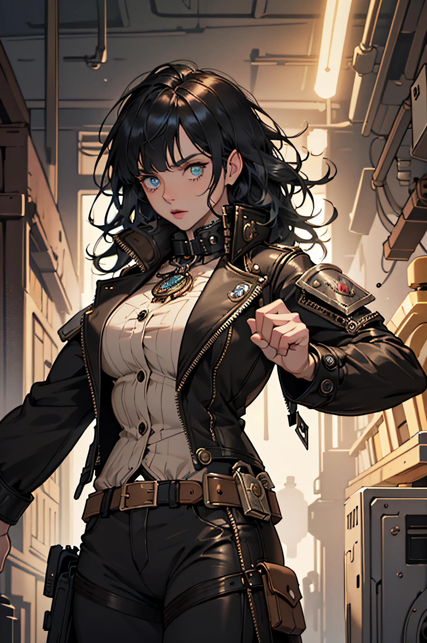 (absurdres, highres, ultra detailed), 1woman, mature female, aged up, wavy long hair, split-color hair, heterochromia, bangs, long sleeves, finely detailed eyes and detailed face, extremely detailed CG unity 8k wallpaper, intricate details, (style-rustmagic:0.8), (medieval cyborg:0.8), portrait, (bloody wounds:0.7), looking at viewer, solo, half shot, detailed background, (steampunk theme:1.1) determined expression, dark couds technomancer, floating lights, color leather vest with gears, techwear, jetpack, workshop in background, machines, gears, steam, industry, technology, furnace, grime, anvil, buttons, levers, automaton, electricity, electric sparks epic atmosphere,, portrait