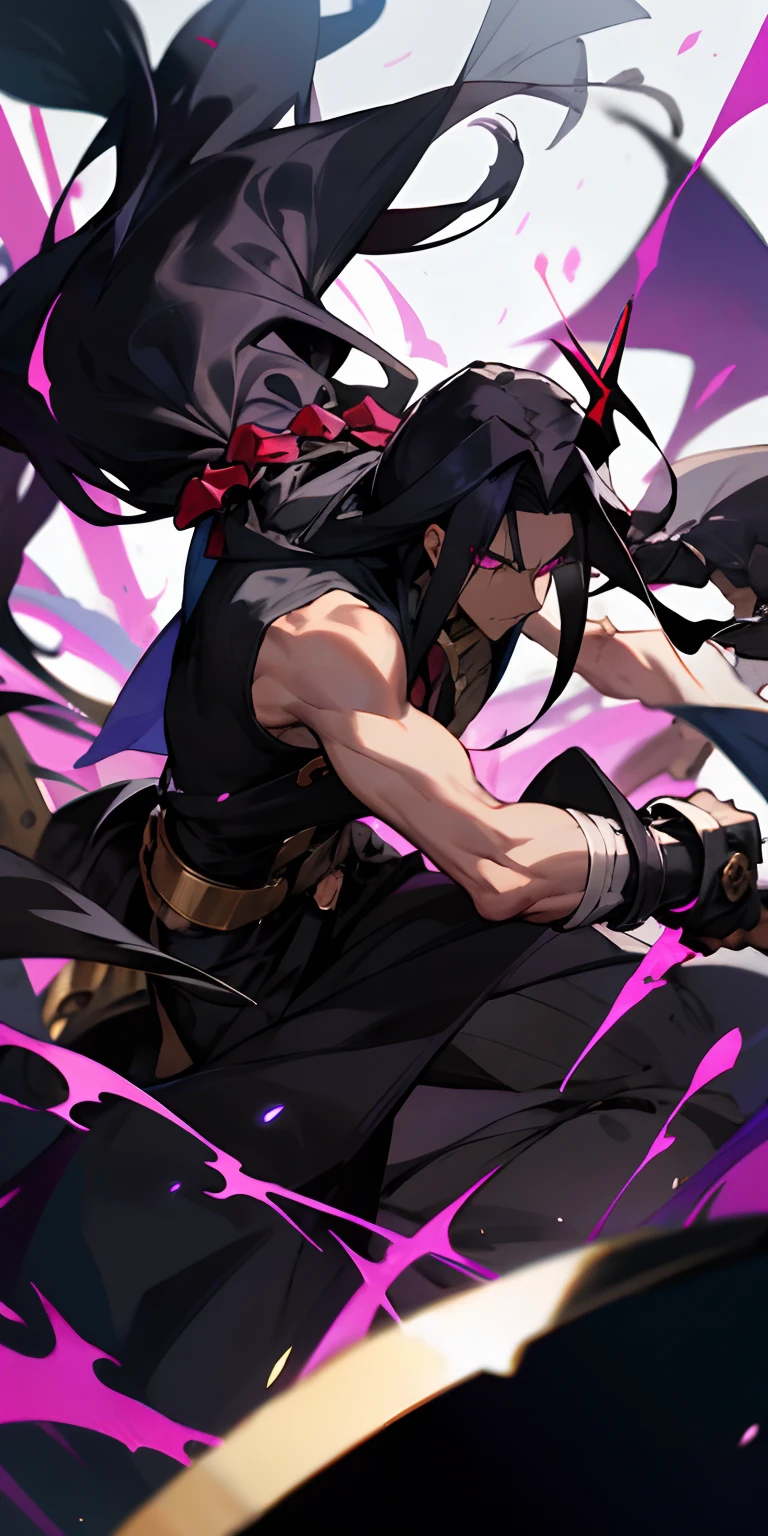 Male, black skin, long black hair, dreadlocks hairstyle, anime, powerful, overlord, demon, purple and black clothing, sleeveless, guilty gear style
