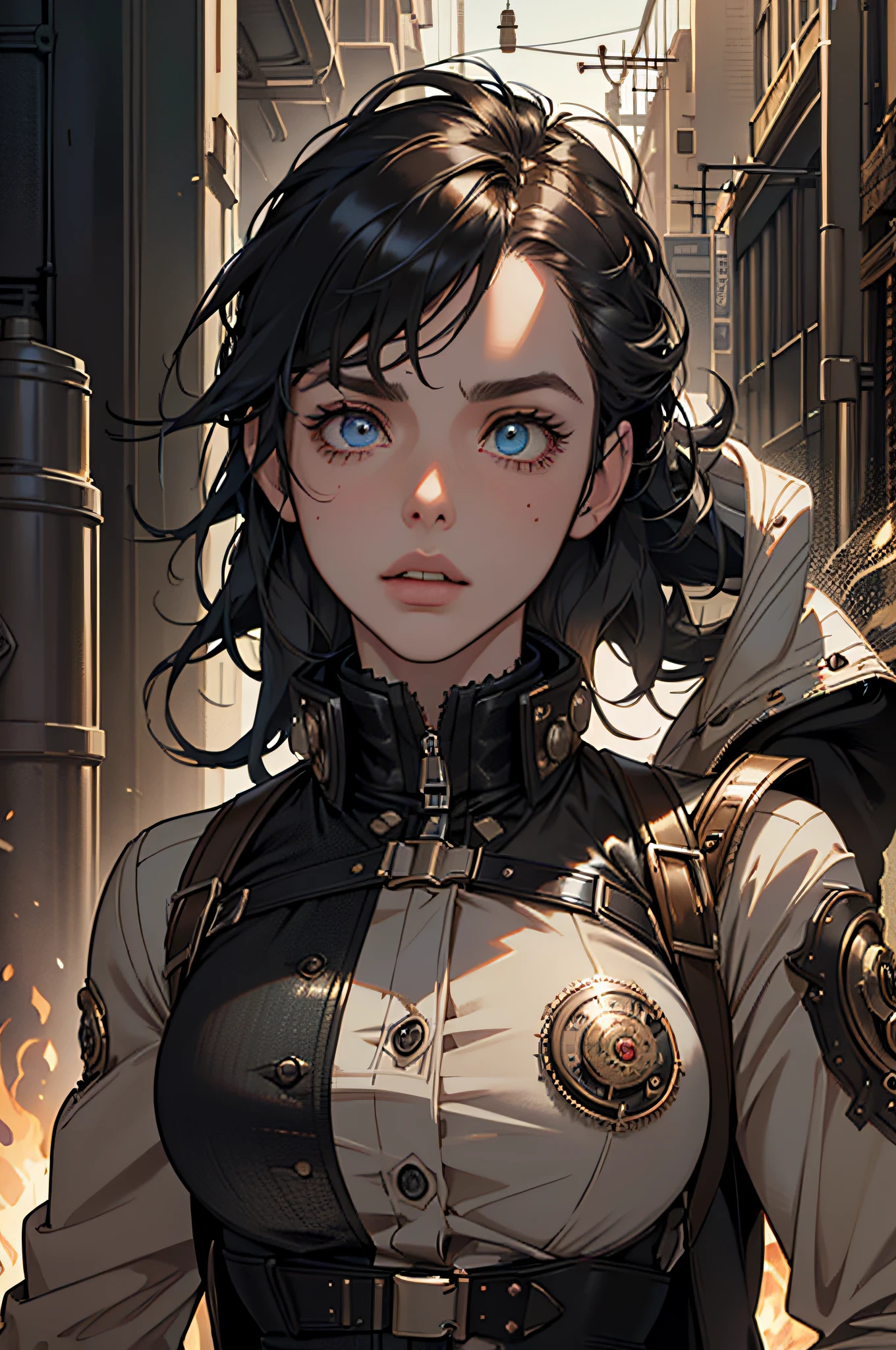 (absurdres, highres, ultra detailed), 1woman, mature female, aged up, wavy long hair, split-color hair, heterochromia, bangs, long sleeves, finely detailed eyes and detailed face, extremely detailed CG unity 8k wallpaper, intricate details, (style-rustmagic:0.8), (medieval cyborg:0.8), portrait, (bloody wounds:0.7), looking at viewer, solo, half shot, detailed background, (steampunk theme:1.1) determined expression, dark couds technomancer, floating lights, color leather vest with gears, techwear, jetpack, workshop in background, machines, gears, steam, industry, technology, furnace, grime, anvil, buttons, levers, automaton, electricity, electric sparks epic atmosphere,, portrait