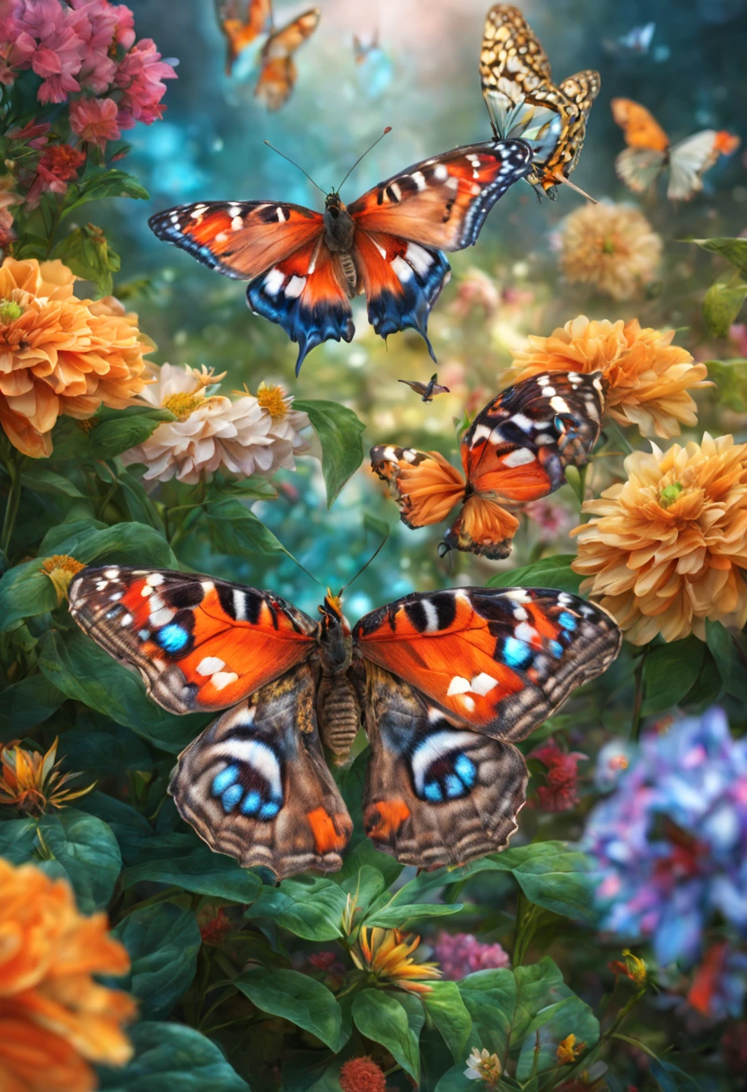 Imagine three magnificent and rare butterflies, each in different colors, hyperrealistic details, they are flying close to each other, in a beautiful and flowery garden, photorealistic, HDR