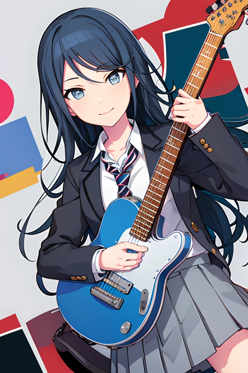 ichika3rd, looking at viewer, smile, skirt, , shirt, long sleeves, holding, closed mouth, school uniform, blue hair, jacket, white shirt, upper body, pleated skirt, open clothes, necktie, striped, collared shirt, nail polish, open jacket, fingernails, blazer, red necktie,  instrument, tsurime, outline, grey jacket, guitar, white outline, striped necktie, holding instrument, diagonal stripes, electric guitar, diagonal-striped necktie