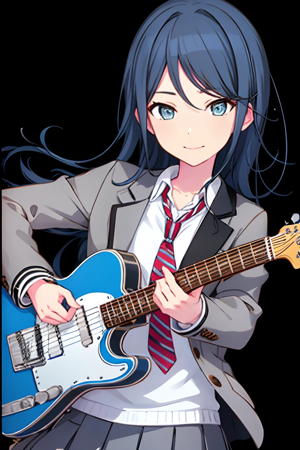 ichika3rd, looking at viewer, smile, skirt, , shirt, long sleeves, holding, closed mouth, school uniform, blue hair, jacket, white shirt, upper body, pleated skirt, open clothes, necktie, striped, collared shirt, nail polish, open jacket, fingernails, blazer, red necktie,  instrument, tsurime, outline, grey jacket, guitar, white outline, striped necktie, holding instrument, diagonal stripes, electric guitar, diagonal-striped necktie