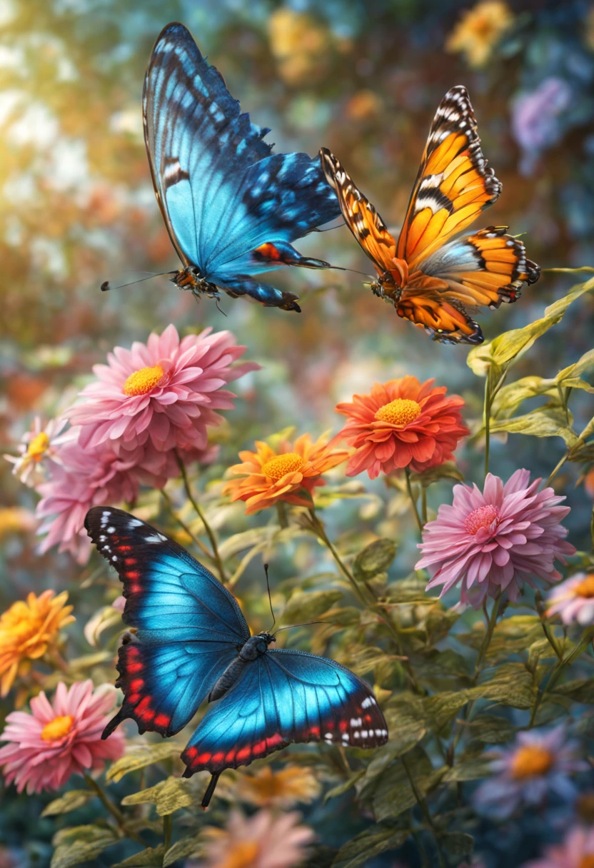 Imagine three magnificent and rare butterflies, each in different colors, hyperrealistic details, they are flying close to each other, in a beautiful and flowery garden, photorealistic, HDR