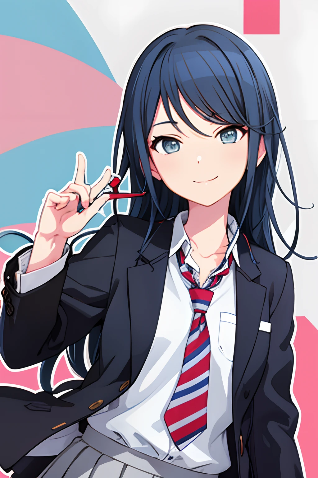 ichika3rd, looking at viewer, smile, skirt, , shirt, long sleeves, holding, closed mouth, school uniform, blue hair, jacket, white shirt, upper body, pleated skirt, open clothes, necktie, striped, collared shirt, nail polish, open jacket, fingernails, blazer, red necktie,  instrument, tsurime, outline, grey jacket, guitar, white outline, striped necktie, holding instrument, diagonal stripes, electric guitar, diagonal-striped necktie