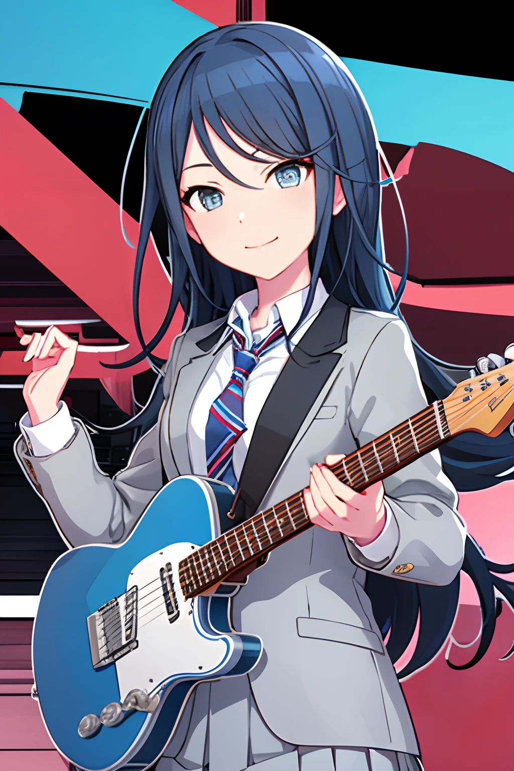 ichika3rd, looking at viewer, smile, skirt, , shirt, long sleeves, holding, closed mouth, school uniform, blue hair, jacket, white shirt, upper body, pleated skirt, open clothes, necktie, striped, collared shirt, nail polish, open jacket, fingernails, blazer, red necktie,  instrument, tsurime, outline, grey jacket, guitar, white outline, striped necktie, holding instrument, diagonal stripes, electric guitar, diagonal-striped necktie