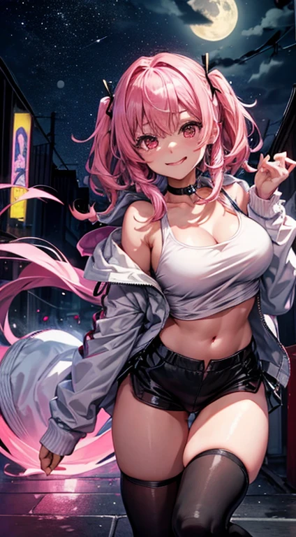 女の子1人、Pink hair、Medium Hair、fluffy and soft hair、I'm wearing the hood of a hoodie....、Pink eyes、The hoodie has a ribbon on the hood.、undergarment、cleavage of the breast、Very large breasts、Navel Ejection、Enchanted breasts、Enchanted thighs、bow ribbon、Tongue licking、A smile、bending forward、Neon Street、nightcity、Neon light、a moon、a choker、top-quality、masutepiece、Very big