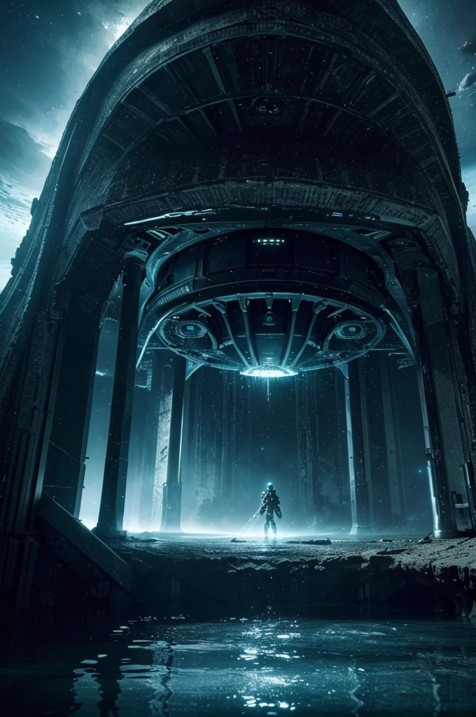 (best quality,ultra-detailed,realistic:1.37), HDR, sci-fi, underwater, star gate, aliens, mysterious, ominous, deep sea, submerged city, space ship wreckage,  vibrant colors, eerie lighting