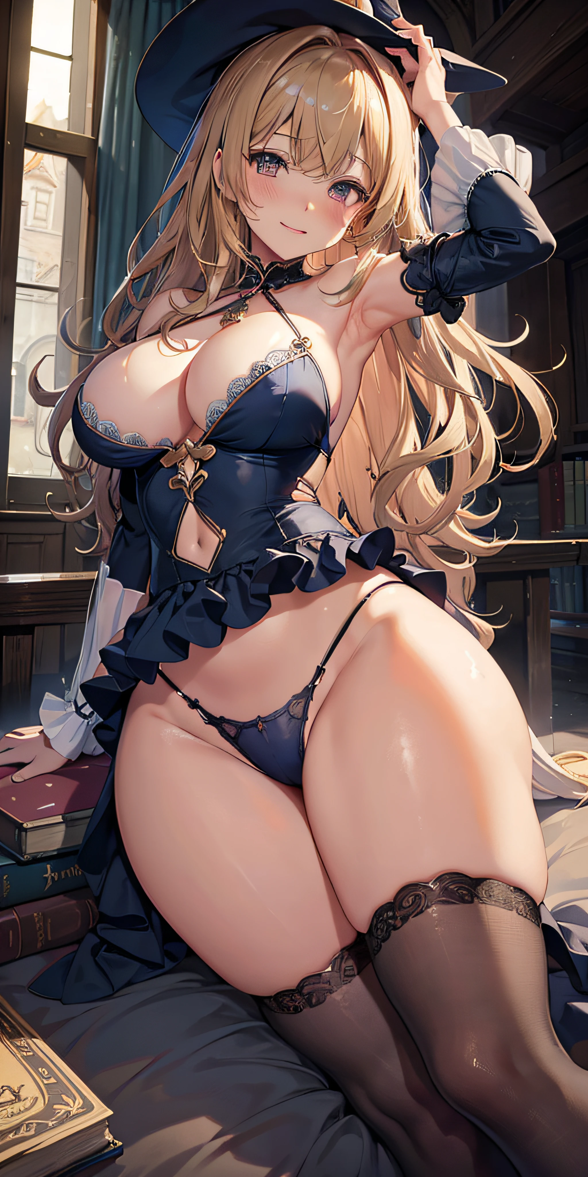 masutepiece, Best Quality, the Extremely Detailed CG Unity 8K Wallpapers, Sexy Witch Cosplay, Long dark blonde wavy hair、off-shoulder knit, darkblue pleated skirt, Medium milk, Blushing, Shy laughter, Bare shoulders、(Butt sticking out pose)、(turned around)、sexy hips、Sexy lace underwear、Black High Heels、Luxurious magic wand and book、Church of the castle、sexy pose