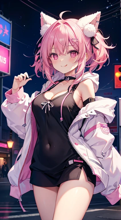 女の子1人、Pink hair、Medium Hair、fluffy and soft hair、I'm wearing the hood of a hoodie....、Pink eyes、The hoodie has a ribbon on the hood.、undergarment、cleavage of the breast、Very large breasts、Navel Ejection、Enchanted breasts、Enchanted thighs、bow ribbon、Tongue licking、A smile、bending forward、Neon Street、nightcity、Neon light、a moon、a choker、top-quality、masutepiece、Very big