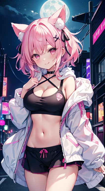 1人、Pink hair、Medium Hair、fluffy and soft hair、I'm wearing the hood of a hoodie....、Pink eyes、The hoodie has a ribbon on the hood.、undergarment、cleavage of the breast、Very large breasts、Navel Ejection、Enchanted breasts、Enchanted thighs、bow ribbon、Tongue licking、A smile、bending forward、Neon Street、nightcity、Neon light、a moon、a choker、top-quality、masutepiece、Very big