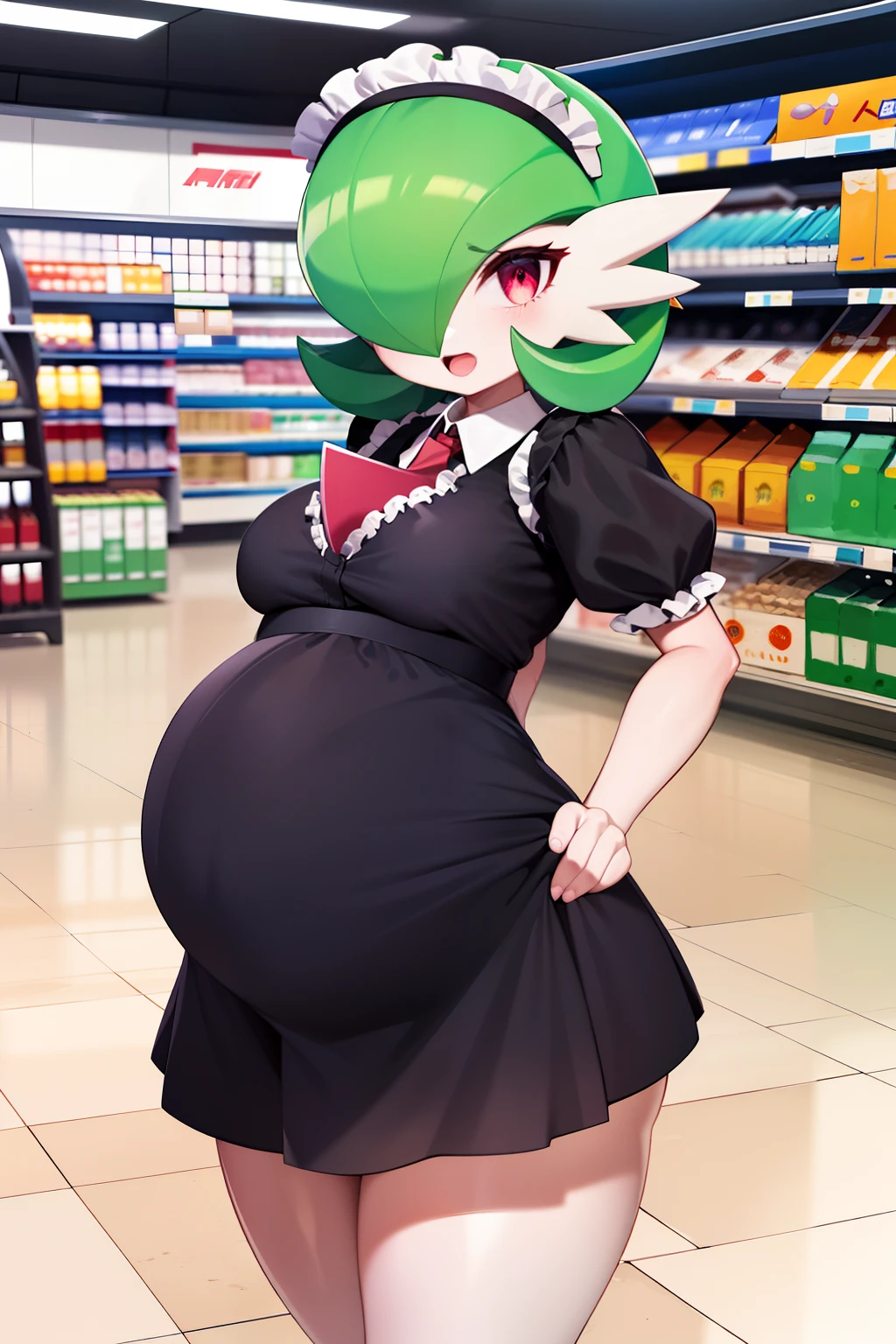 obra maestra, best_quality, 1girl, solo, gardevoir, pokemon \(criatura\), cabello verde, ojos rojos, vestido de sirvienta, supermarket, de perfil, en un supermarket, vista lateral, sosteniendo una caja, (((embarazada))), gardevoir embarazada, [junto a un carrito de supermercado], senos medianos, senos marcados, maid uniform, maid uniform black, [uniforme completo], voltea la mirada, escena vista en tercera persona.