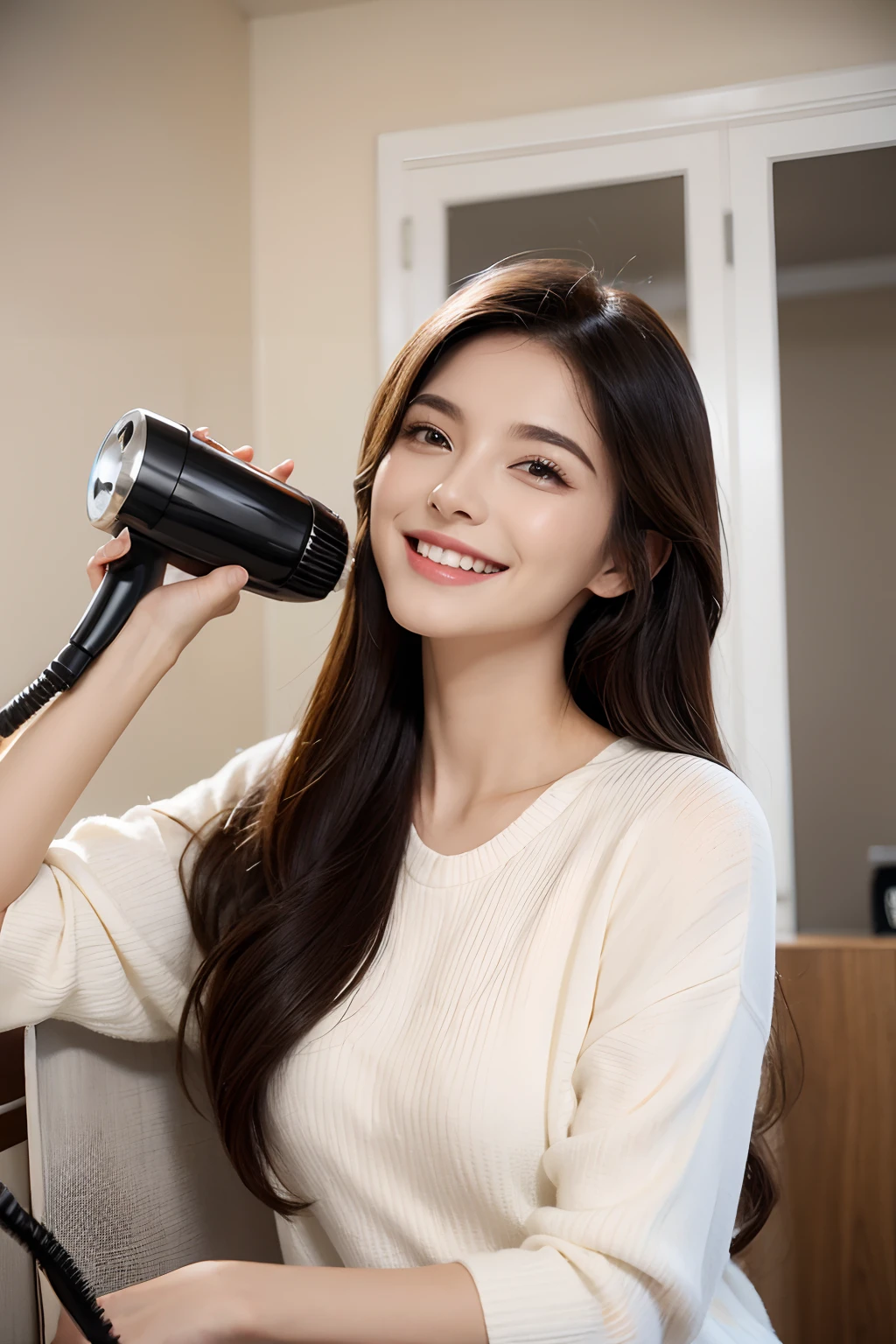 Woman with hair dryer in her hand blow-drying，Hair blowing，Smile confidently，Sleek HD
