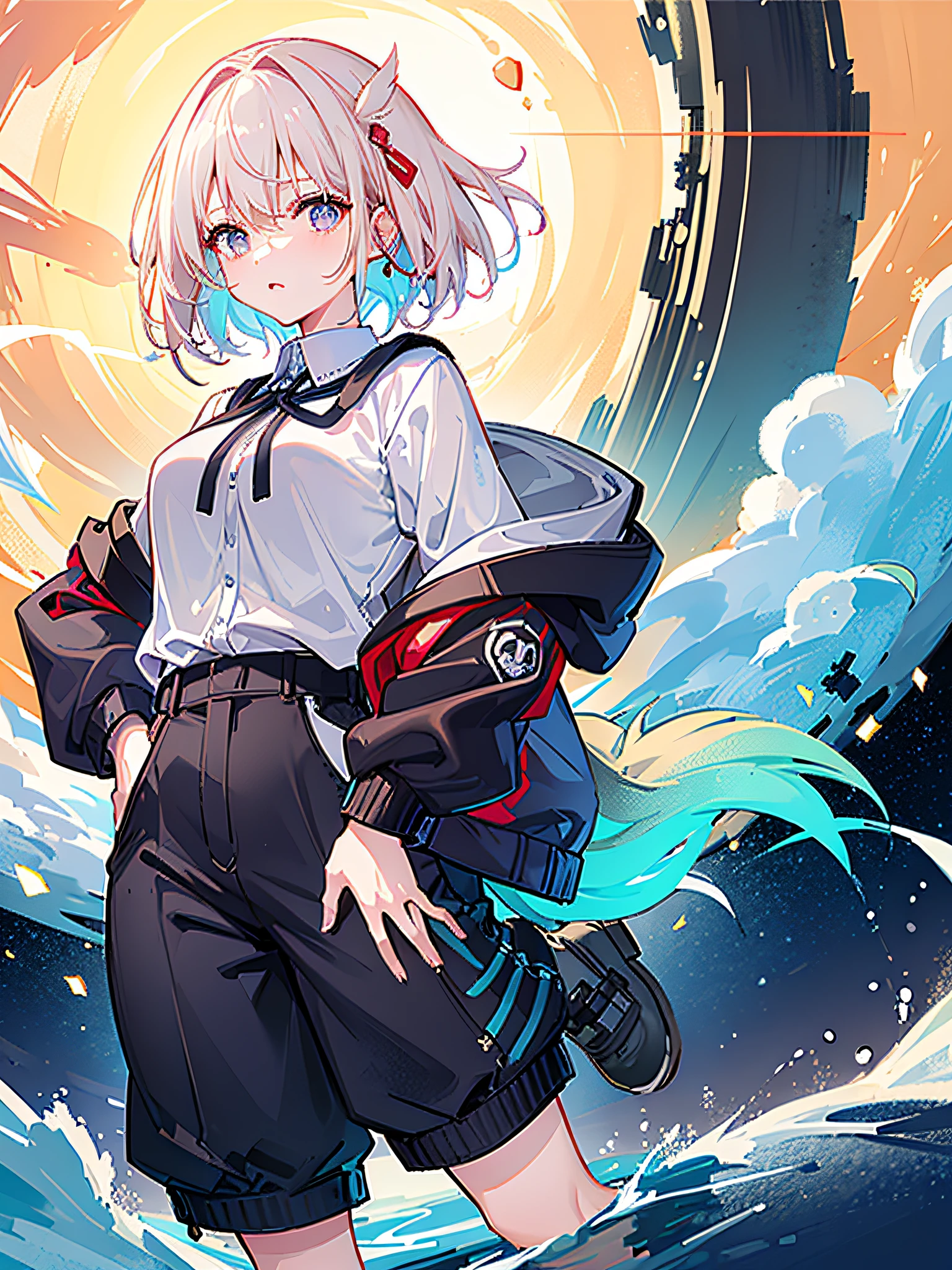 8K分辨率、((top-quality))、((​masterpiece))、((ultra-detailliert))、1 woman、独奏、incredibly absurdness、Oversized hoodies、headphones、Street、plein air、Sateen、neons、Shortcut Hair、Brightly colored eyes、Hands in pockets、shortpants、water dripping