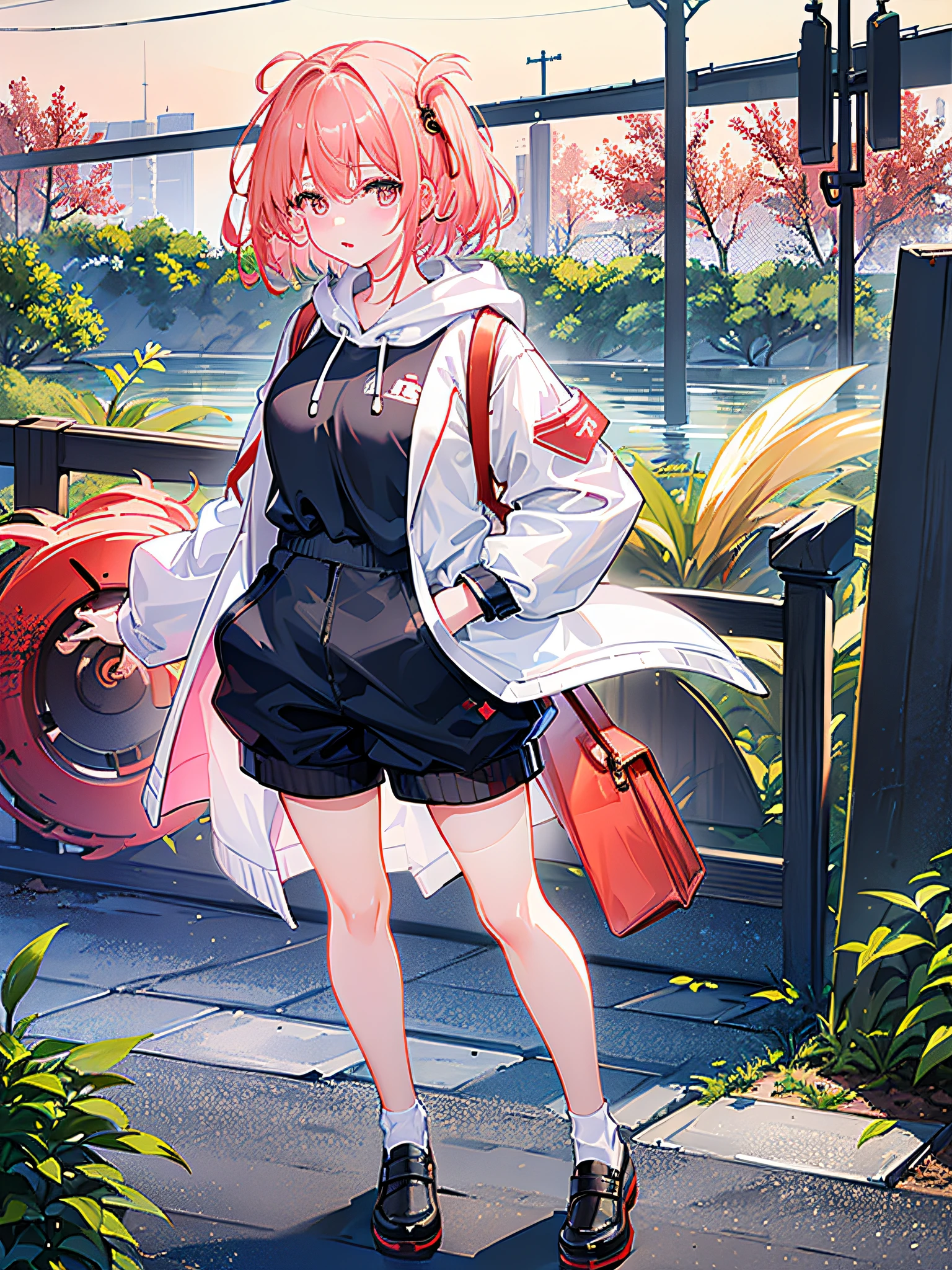 8K分辨率、((top-quality))、((masterpiece))、((ultra-detailliert))、1 woman、独奏、incredibly absurdness、Oversized hoodies、headphones、Street、plein air、Sateen、neons、Shortcut Hair、Brightly colored eyes、Hands in pockets、shortpants、water dripping