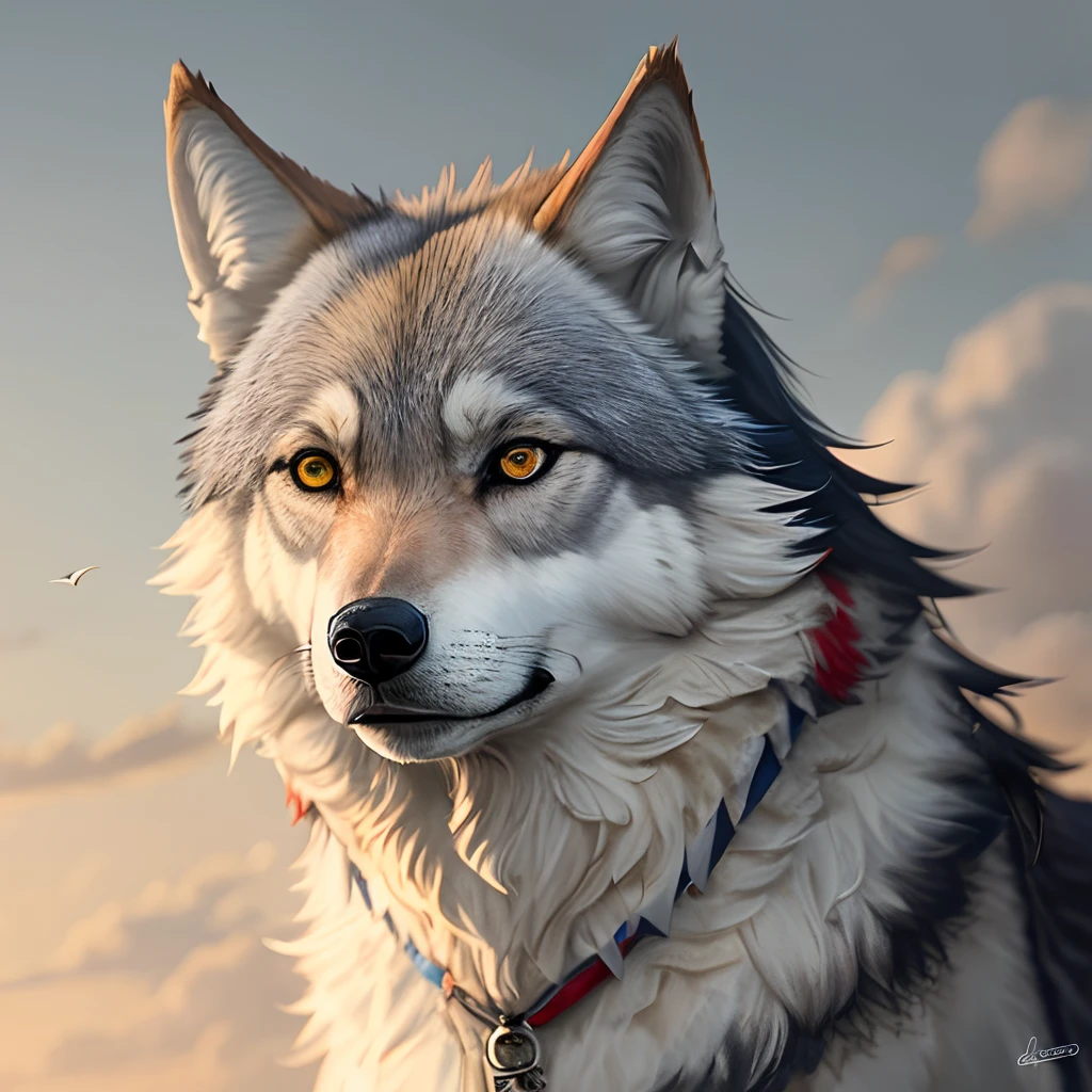Wolf with red crests and blue eyes.