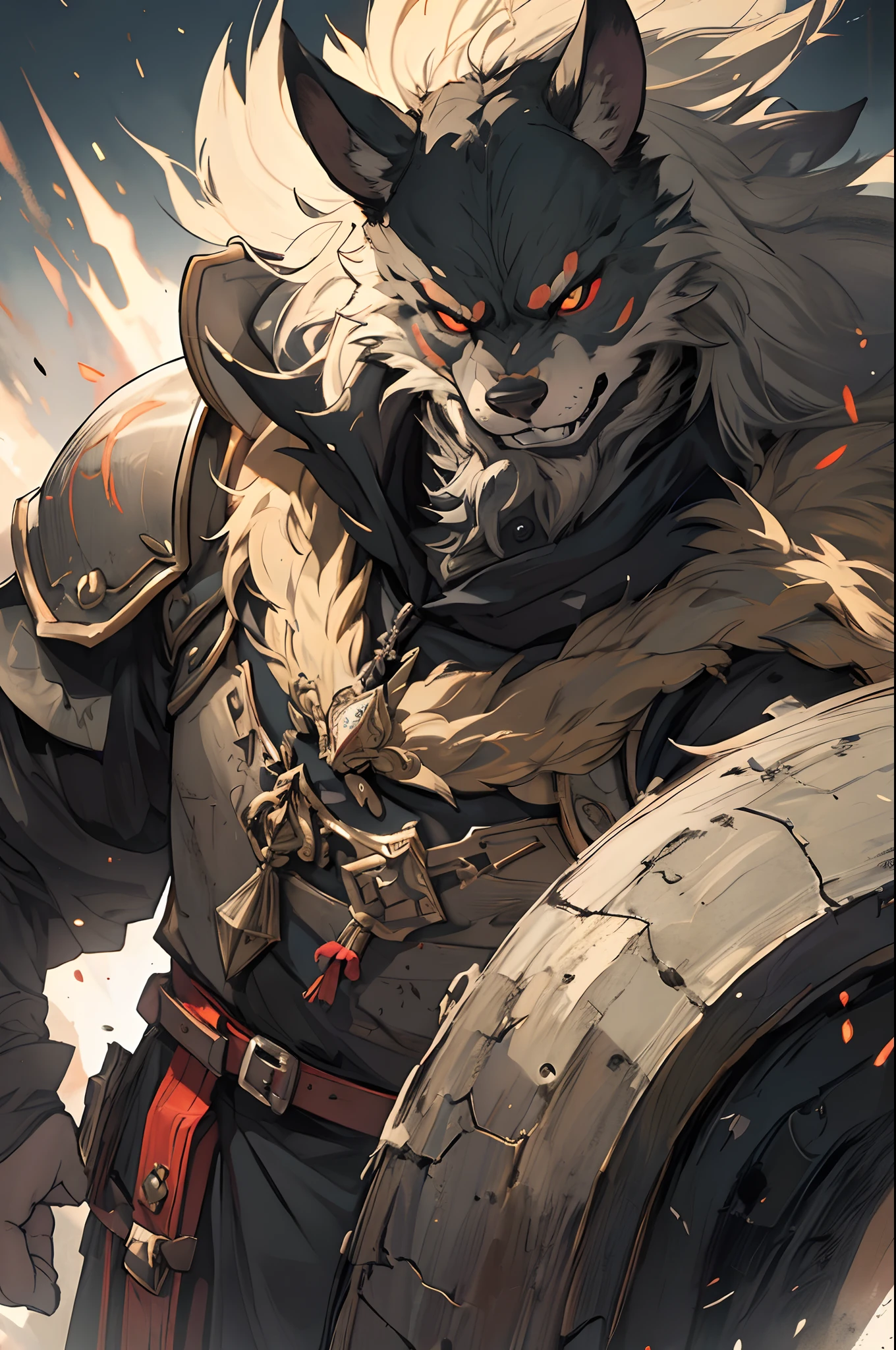 beste-Qualit, tmasterpiece, extra high resolution, Detailed, realisti, 独奏, Horror \(subject\), Dark Fantasy, Depth of field, ember, humanoid, heavy armor, The Face of the Beast, Furry, Security Guard Outfit, Guardian's Attire, Guard, Medieval Guard, Medieval Guard Clothing , spearman, Chaotic Neutral, D&D.