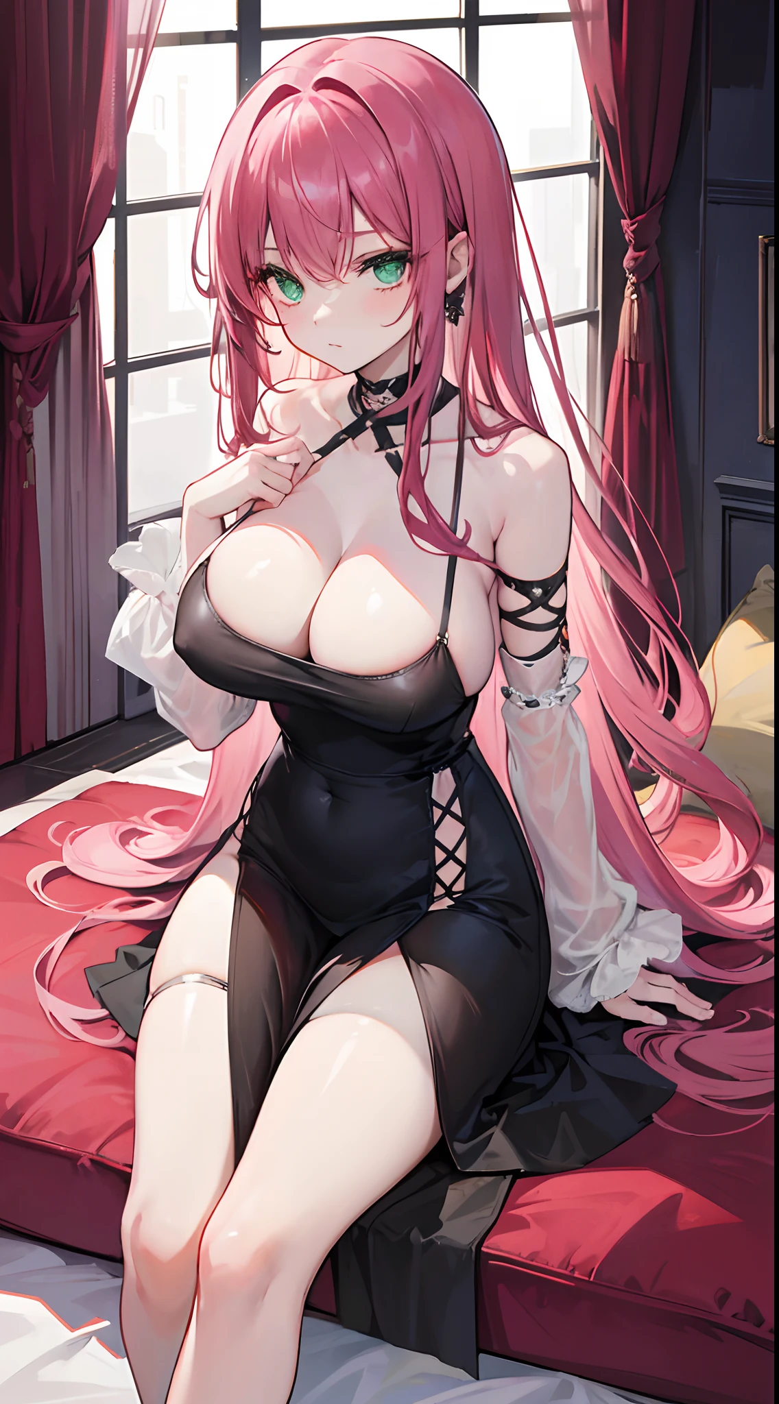 cabelos preto e longos,Green eyes,Long hair curtain,Broken hair curtain,Pink slip dress,dishiveredhair,,Big Breasts Girl,The chest is squeezed by the arm,The strap of the shoulder slips down,black lence stockings,expressiveless,Look up and sit on a cushion on the ground,