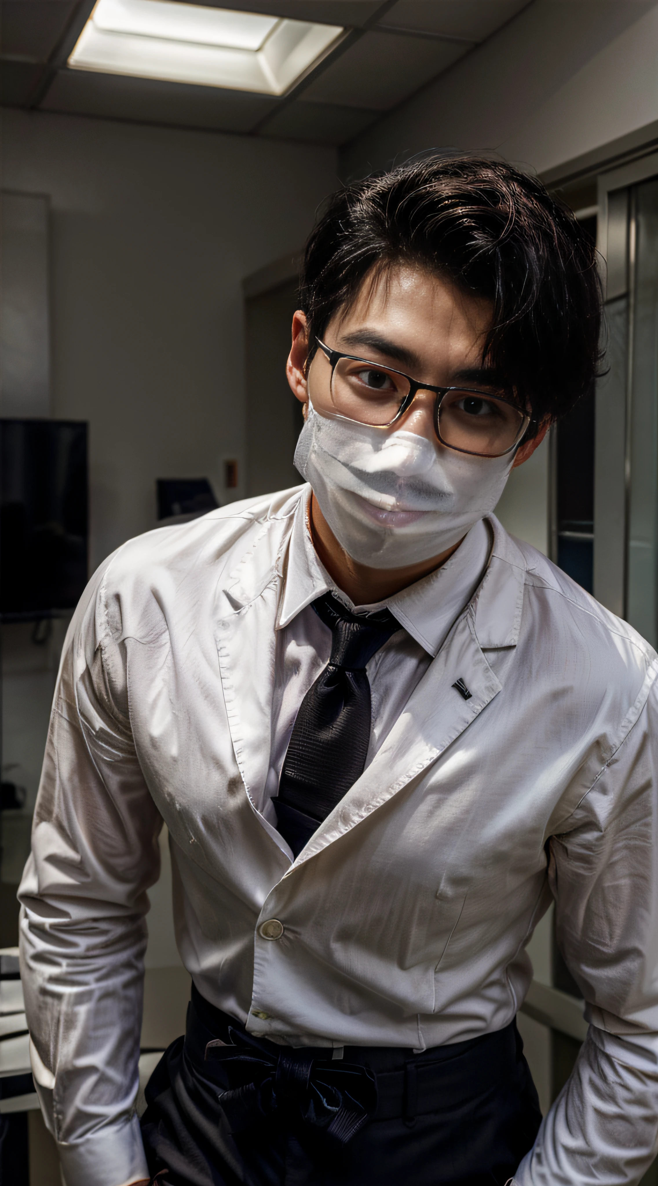 A handsome boy，18yr old，R18，Business suit，Abs，eye glass，white colors，mouth mask，cover，Excitation，whair，Large screen，8K，black necktie