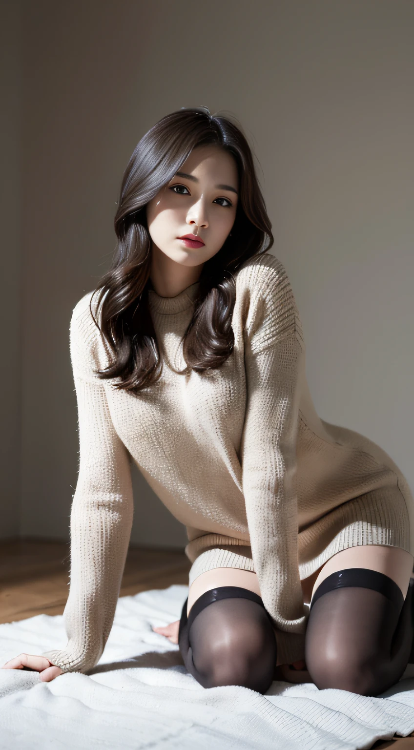 (Best quality,A high resolution:1.2),Ultra-detailed,(Realistic:1.37),A girl, Kneel on the blanket, gentlesoftlighting, Wear it with black stockings and plumpness