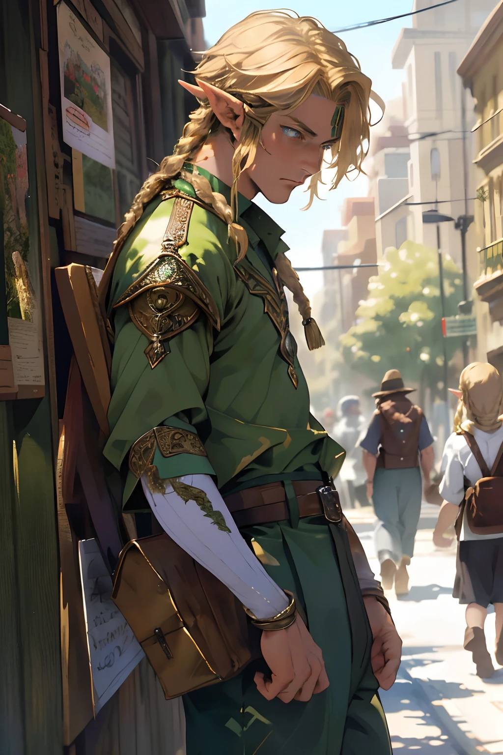 Realistic, (Masterpiece, Top Quality, Best Quality, official arts,), Very detailed, Most Detailed, (1 Adult Elf 1.3), Gods, blonde hair, mysterious, handsome male, ((Zelda's style)), Prairie, City streets, Shepherds, pale green clothes, Ornaments on clothes, Single braids,