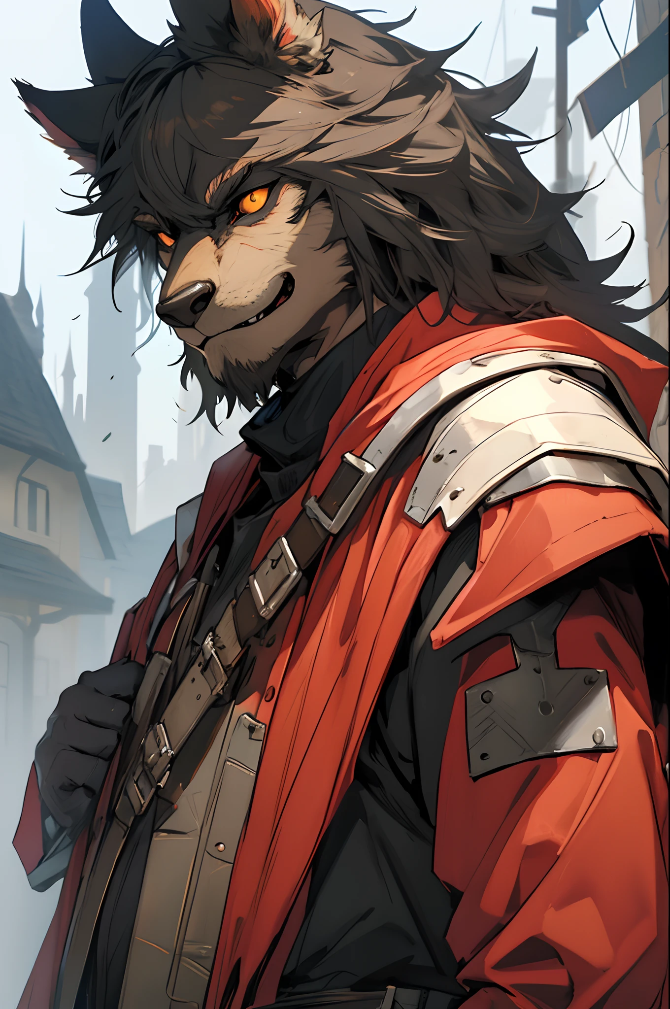 beste-Qualit, tmasterpiece, extra high resolution, Detailed, realisti, 独奏, Horror \(subject\), Dark Fantasy, Depth of field, ember, humanoid, heavy armor, The Face of the Beast, Furry, Security Guard Outfit, Guardian's Attire, Guard, Medieval Guard, Medieval Guard Clothing , spearman, Chaotic Neutral, D&D.