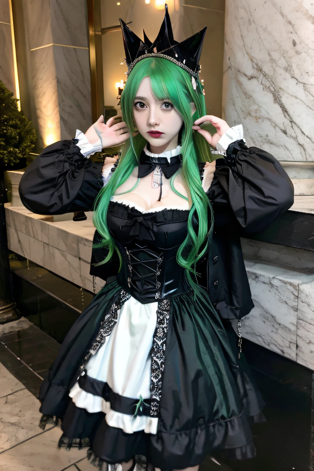 araffe girl with green hair and a crown on her head, dressed in gothclothing, dressed in gothic lolita clothing, anime girl cosplay, cybergoth, wearing a dark outfit, kerli koiv as anime girl, 1 7 - year - old anime goth girl, belle delphine, anime cosplay, with green hair, anime girl in real life, punk girl