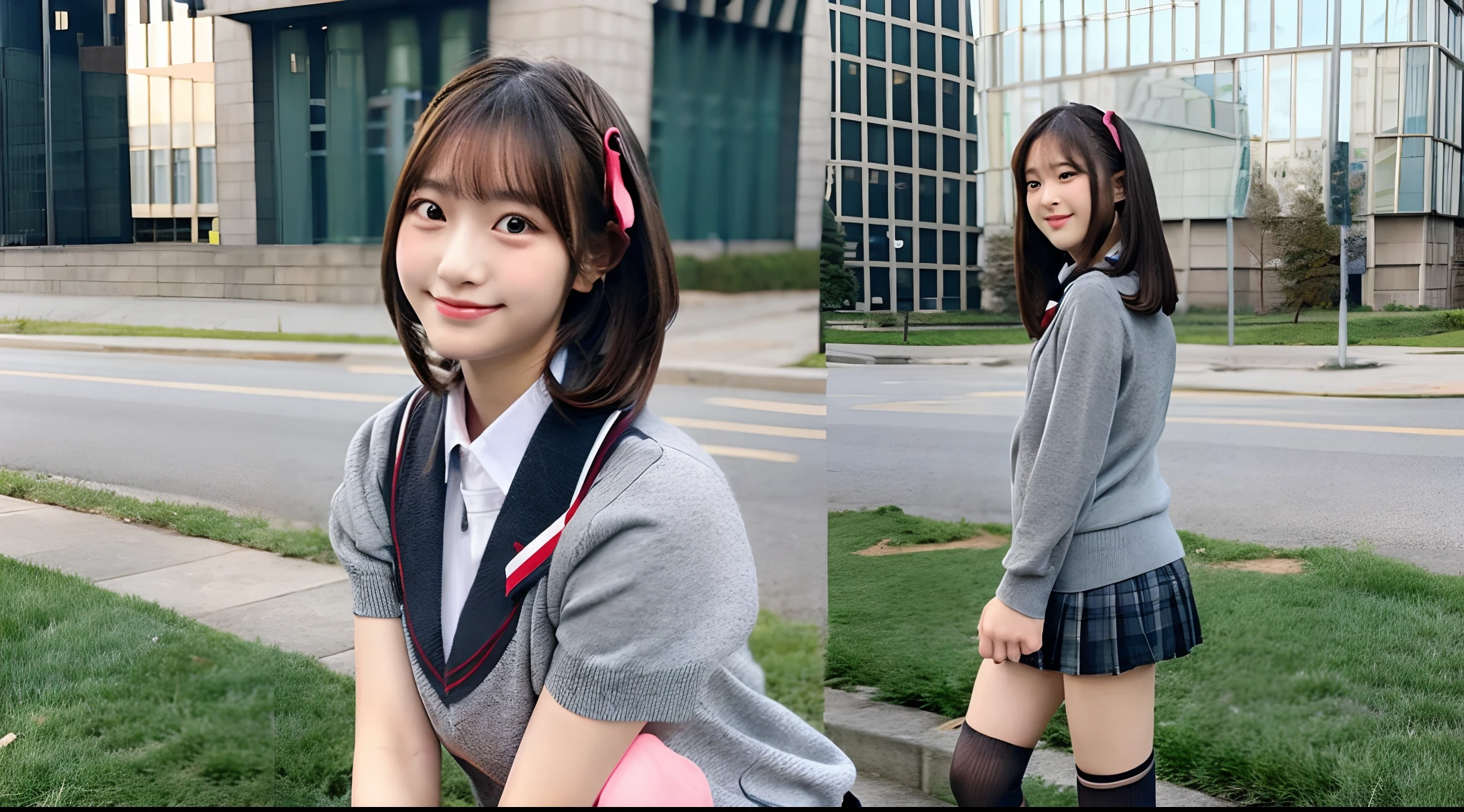 Cute high school girl 18 years old in gray miniskirt uniform