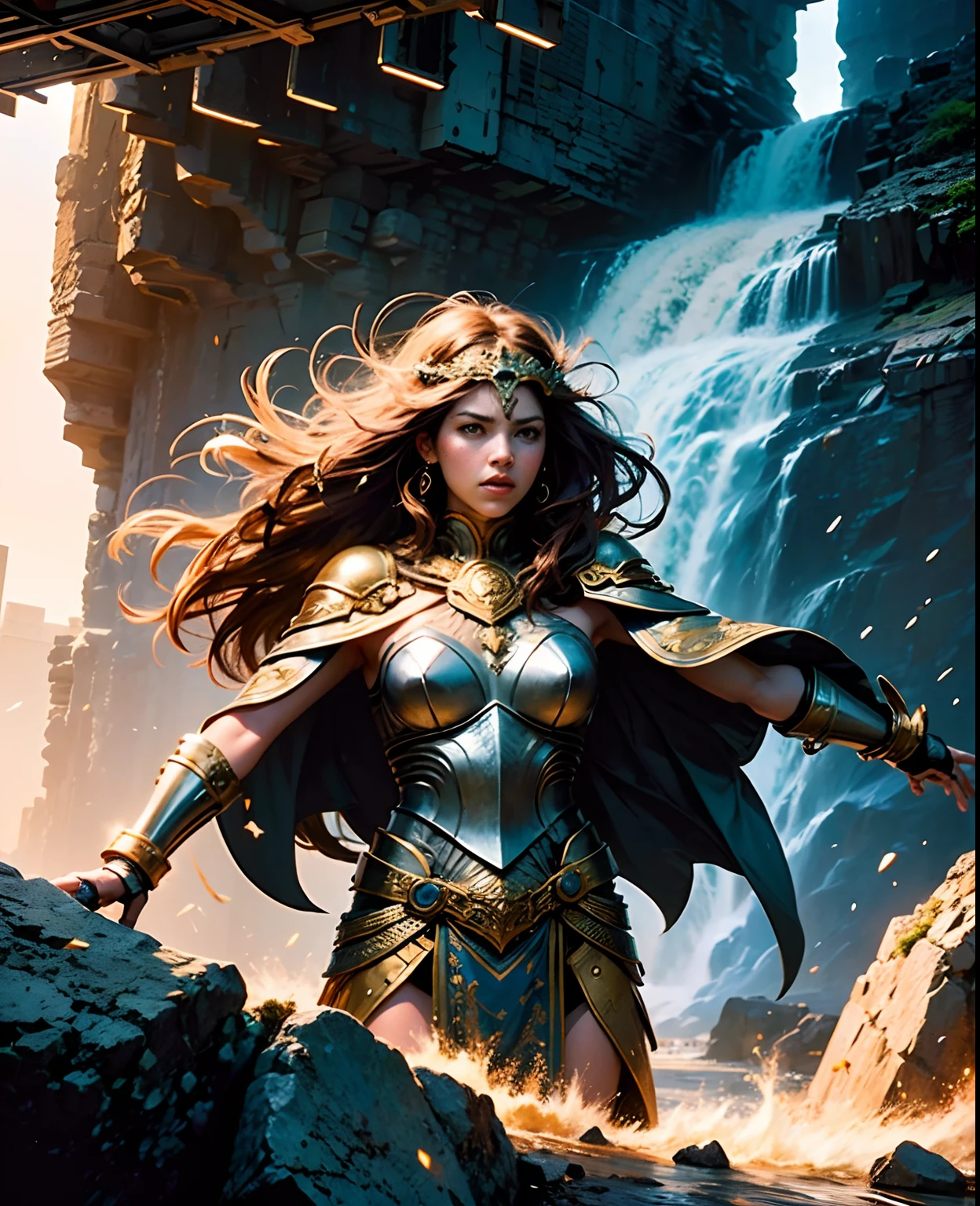greek temple,Mature woman,Large breasts,Heavy armor,dynamicposes,dramatics,A high resolution,photorealestic,best qualityer,Starcloud,galactic,magia,half-body shots