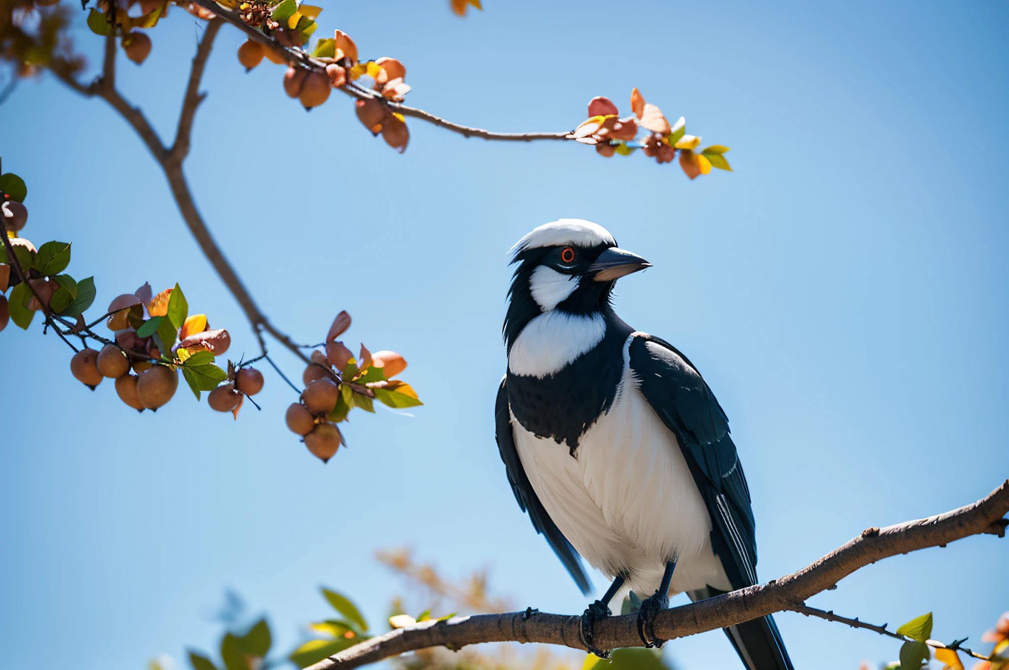 Long-tailed magpie,The background is blue sky and white clouds,A branch of a persimmon tree,The shoots are sparse,A few dead leaves,Beautiful composition,closeup cleavage,high-definition picture quality,Full-frame camera effect,The background is blurred out,The magpie's feathers are clearly visible